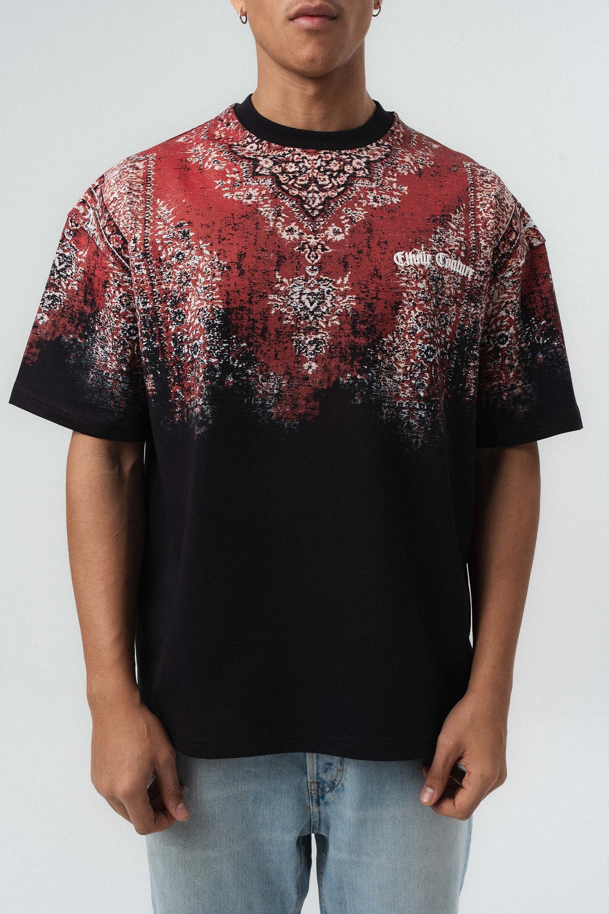 Etnik Desen Nakış Detaylı Kabartmalı Siyah Oversize Baskılı T-Shirt