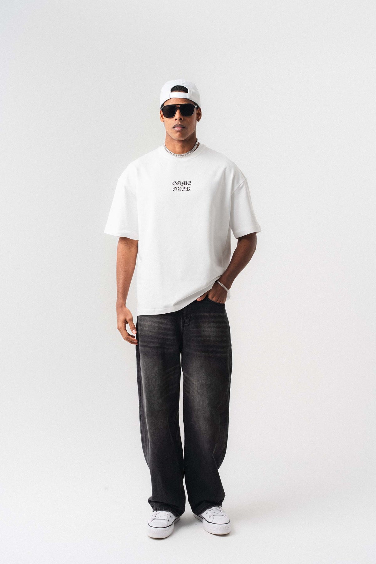 Game Over Beyaz Oversize Baskılı T-Shirt