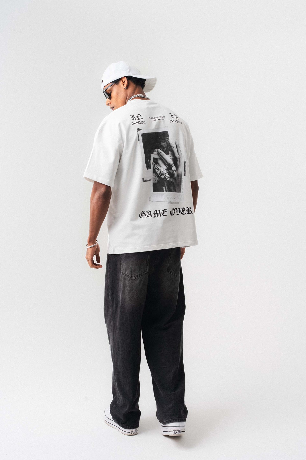 Game Over Beyaz Oversize Baskılı T-Shirt