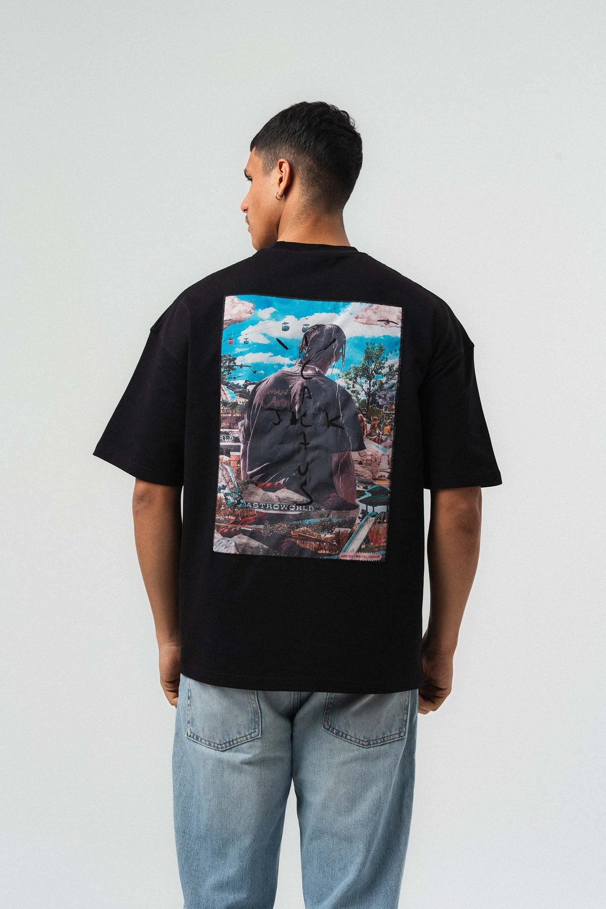 Jack Cactus Nakış Detaylı Siyah Oversize Baskılı T-Shirt
