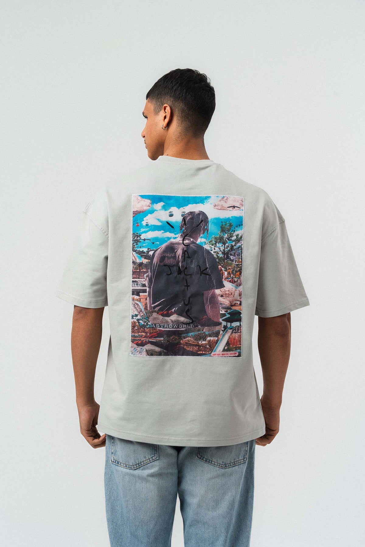 Jack Cactus Nakış Detaylı Gri Oversize Baskılı T-Shirt