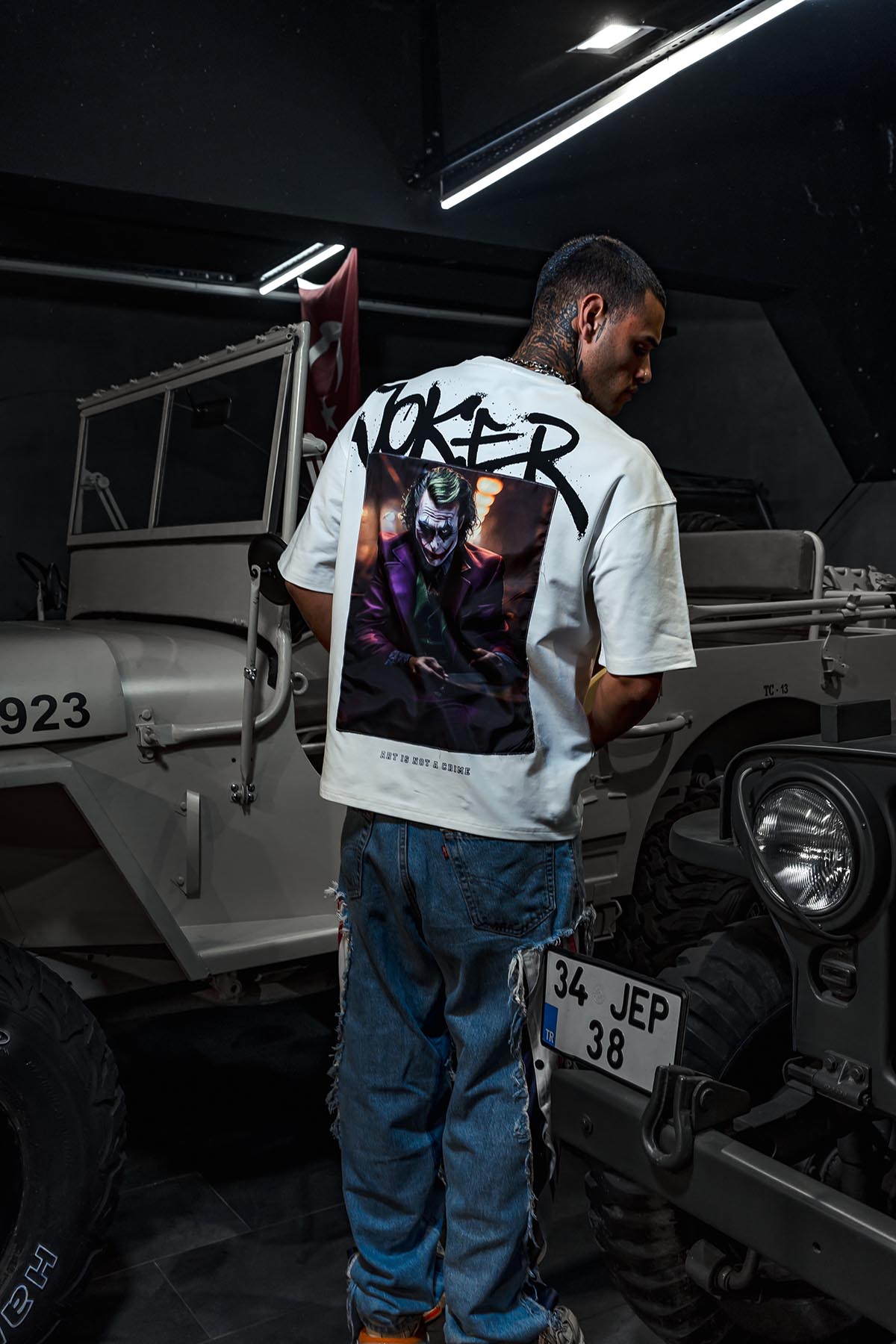 Joker Mor Ceketli Patch Baskı Oversize Beyaz Tshirt