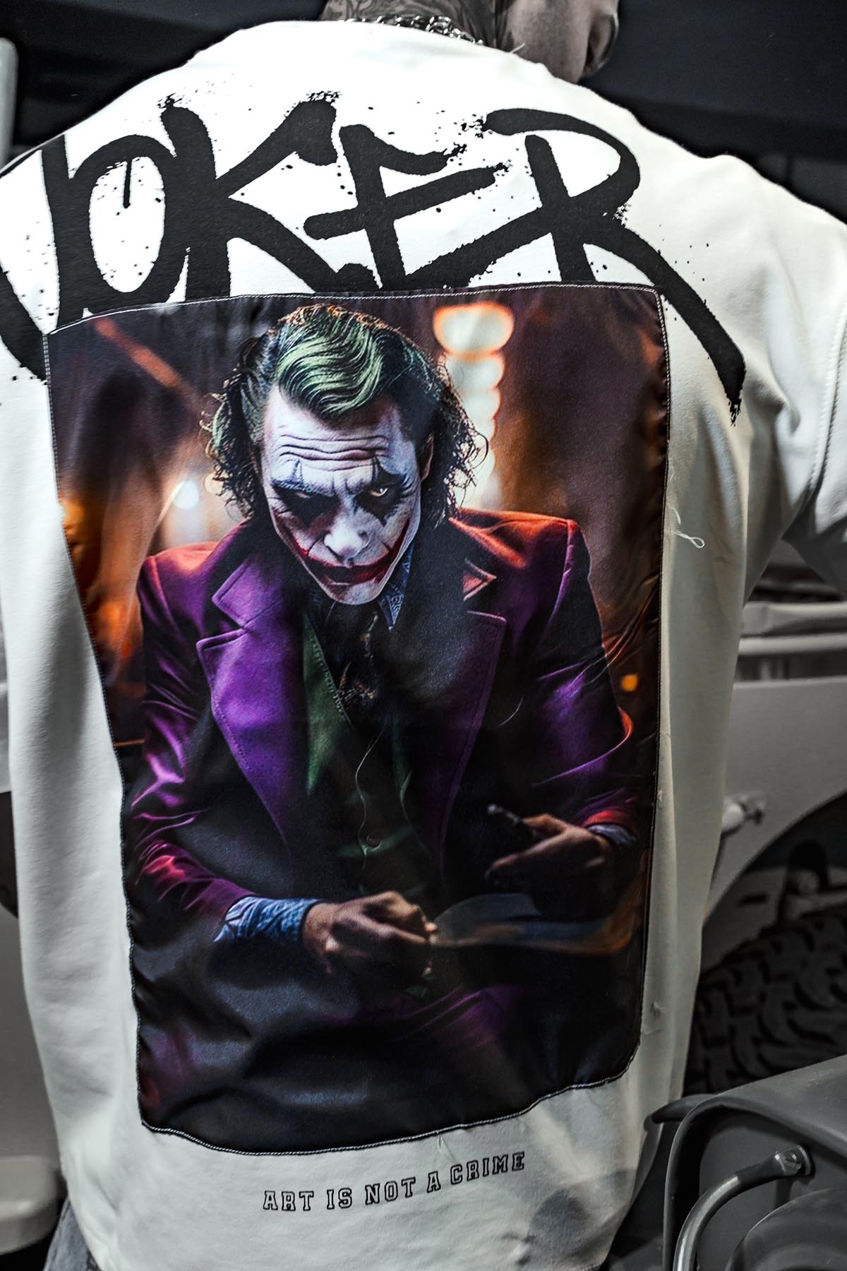 Joker Mor Ceketli Patch Baskı Oversize Beyaz Tshirt
