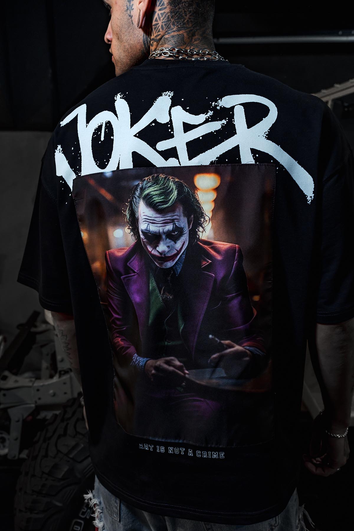 Joker Purple Jacket Patch Print Oversize Black T-shirt