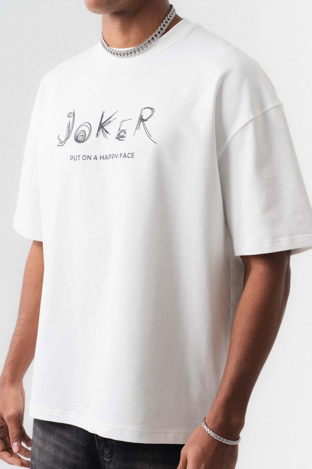 Joker Put On Happy Face Beyaz Oversize Baskılı T-Shirt