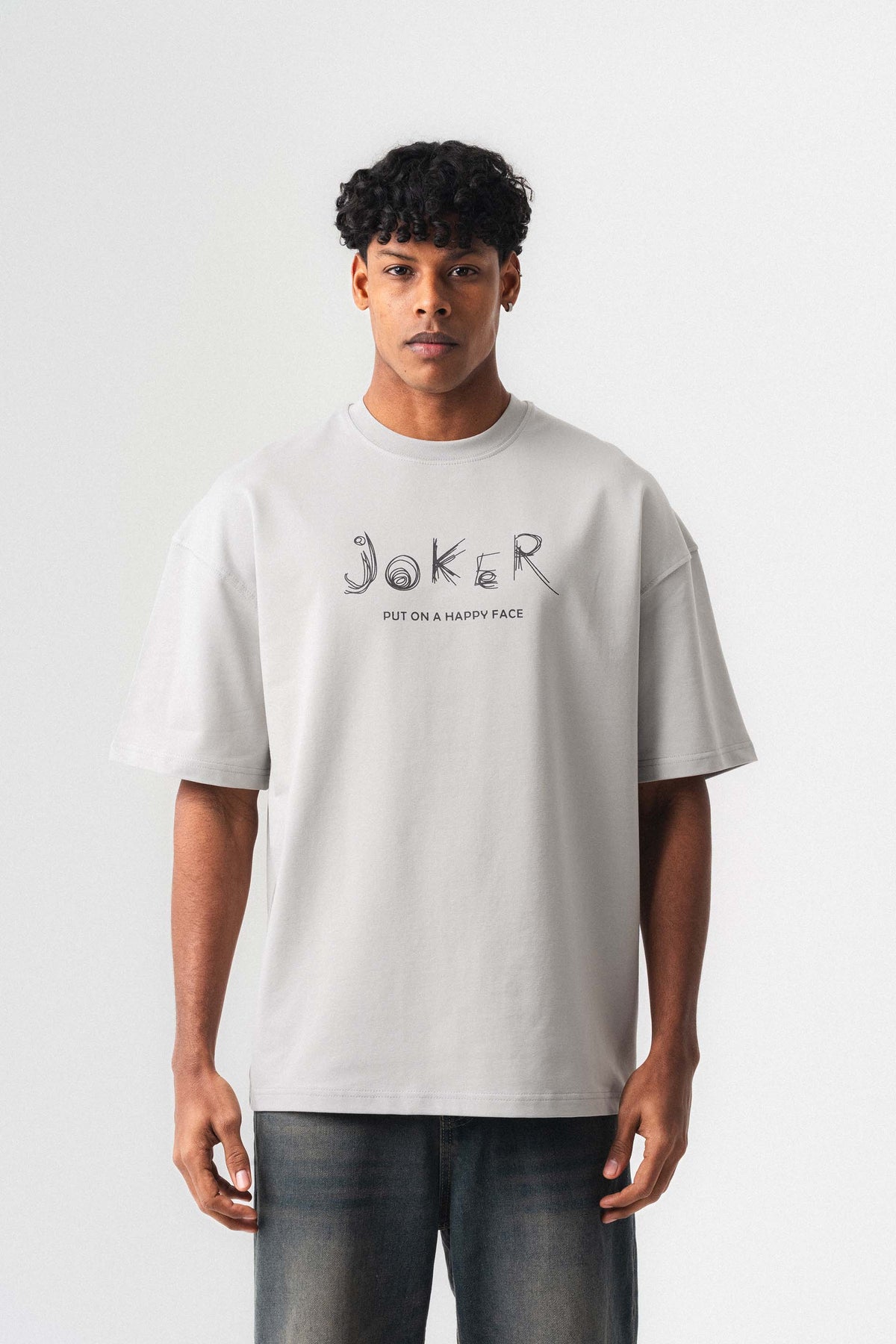 Joker Put On Happy Face Gri Oversize Baskılı T-Shirt