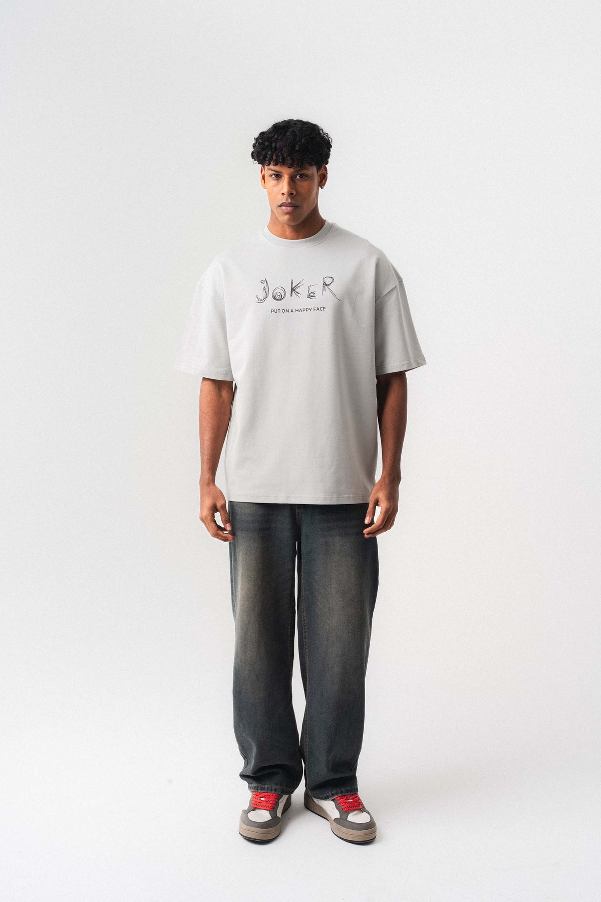 Joker Put On Happy Face Gri Oversize Baskılı T-Shirt