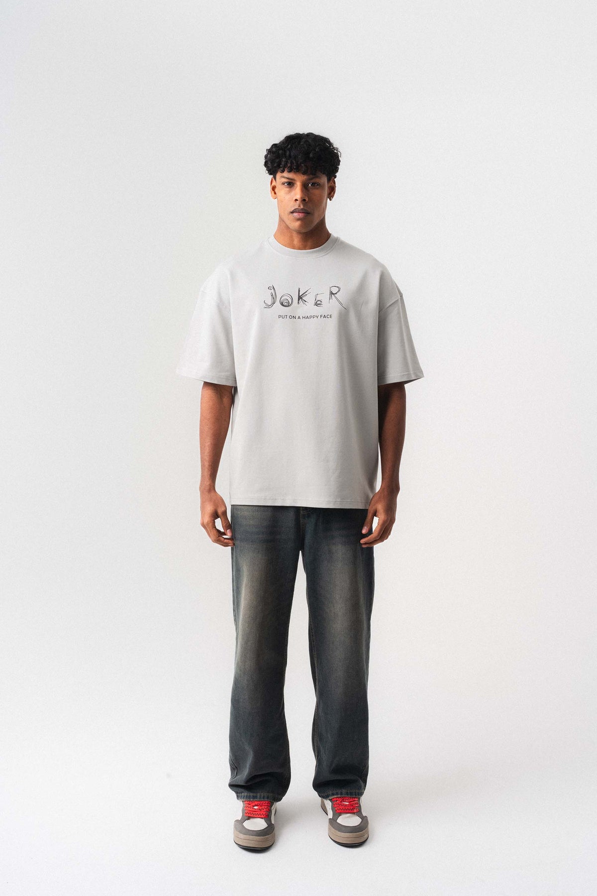 Joker Put On Happy Face Gri Oversize Baskılı T-Shirt
