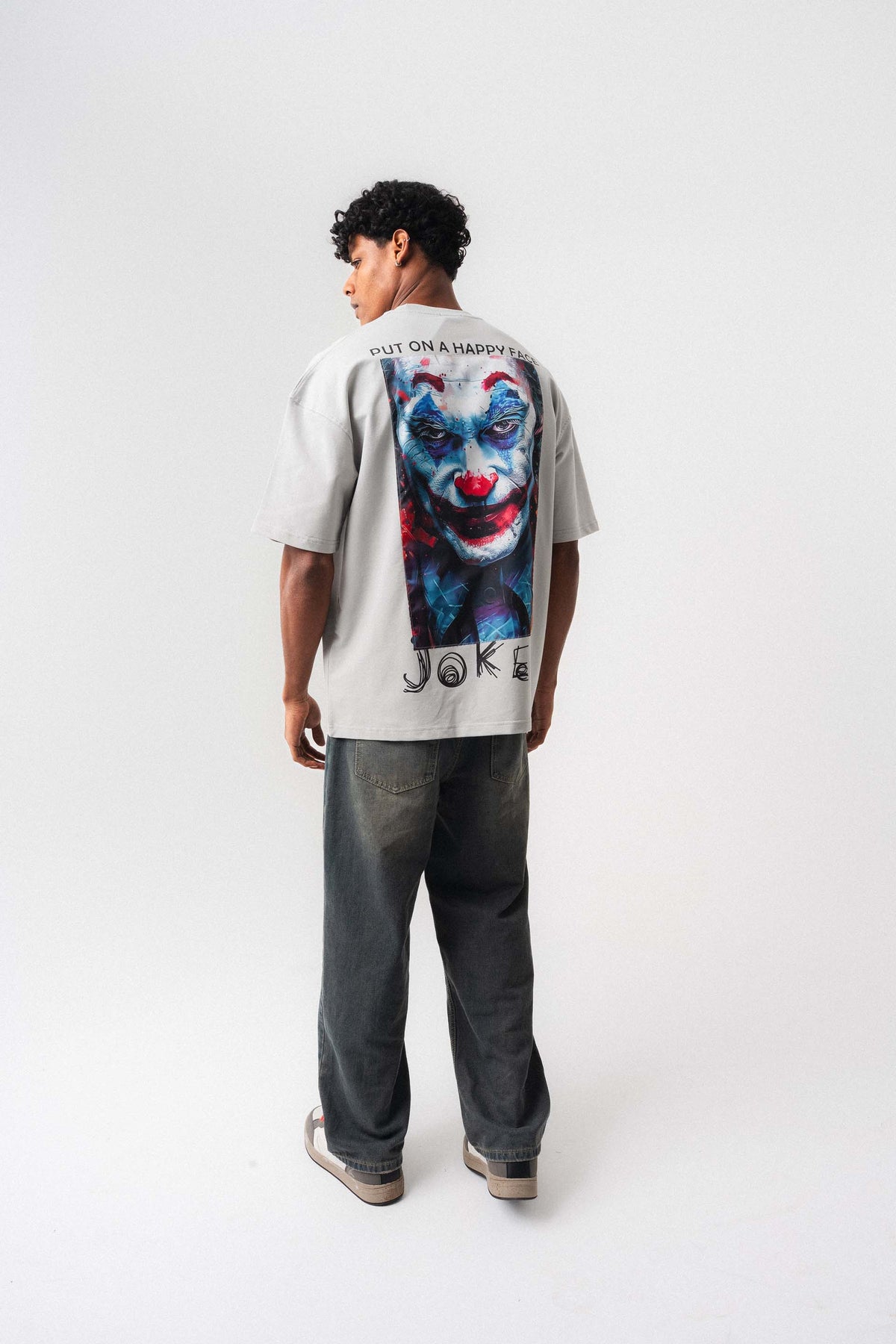 Joker Put On Happy Face Gri Oversize Baskılı T-Shirt