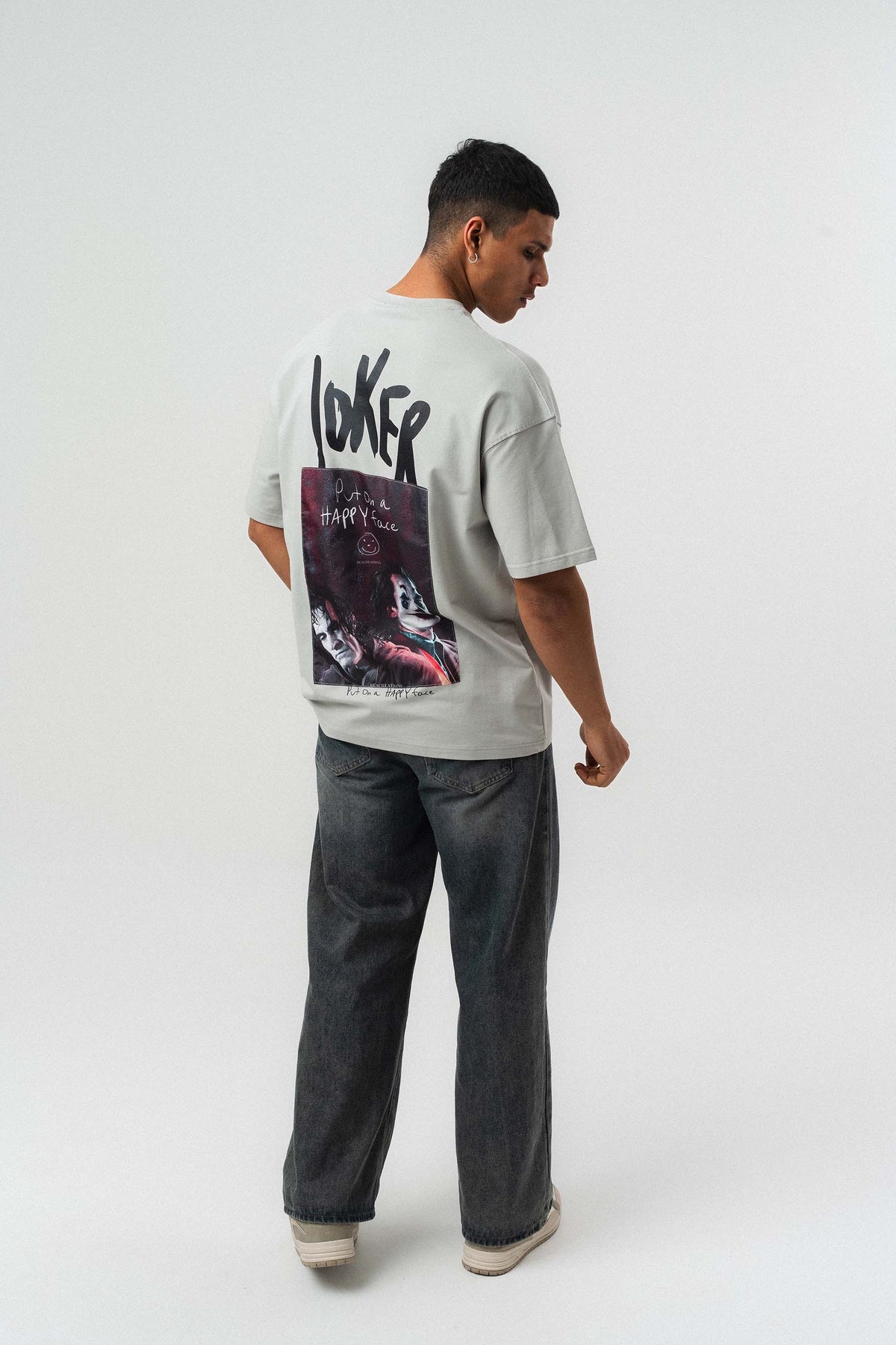 Joker Put On Happy Face Baskılı Gri Oversize Baskılı T-Shirt