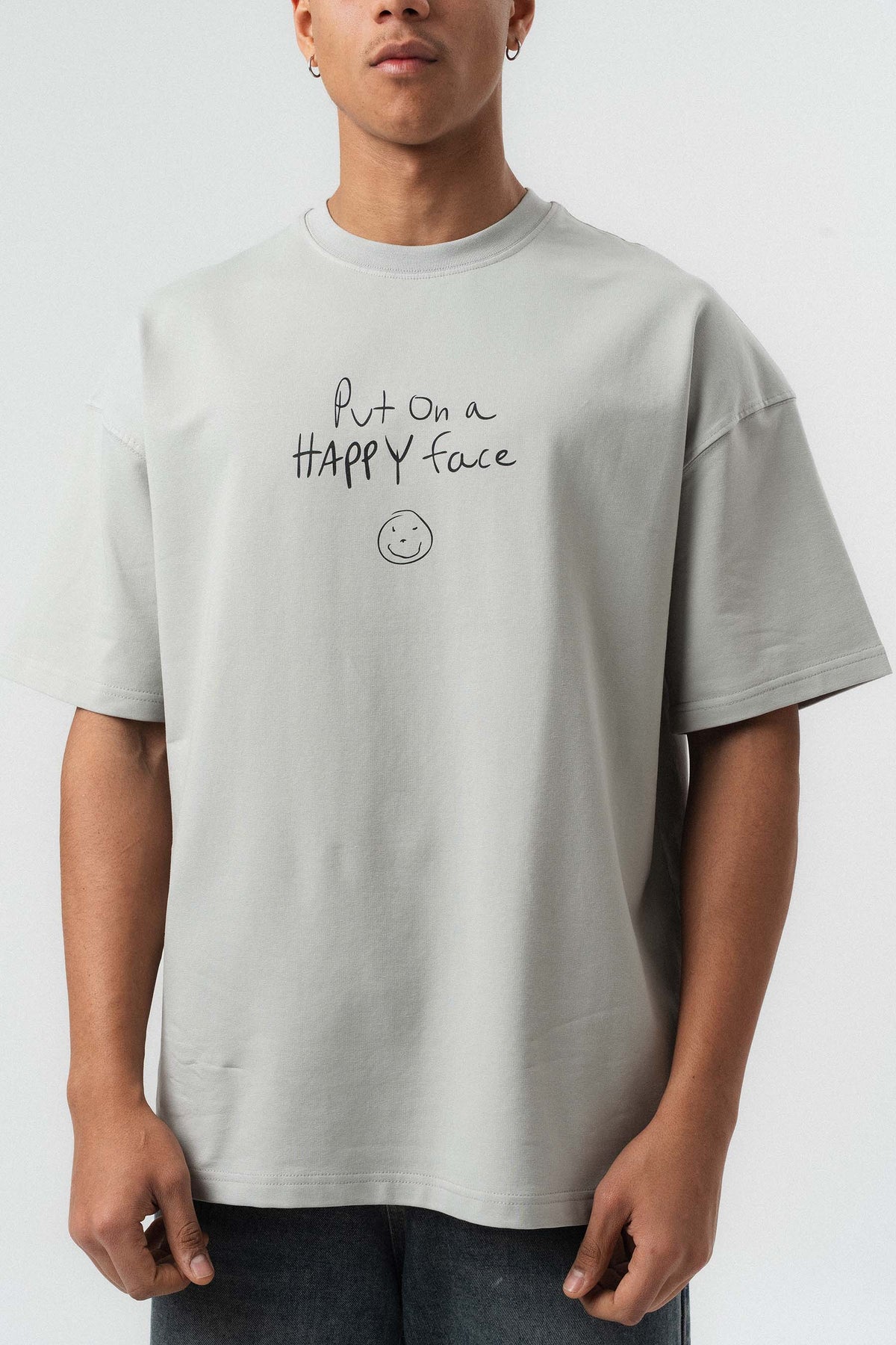 Joker Put On Happy Face Baskılı Gri Oversize Baskılı T-Shirt