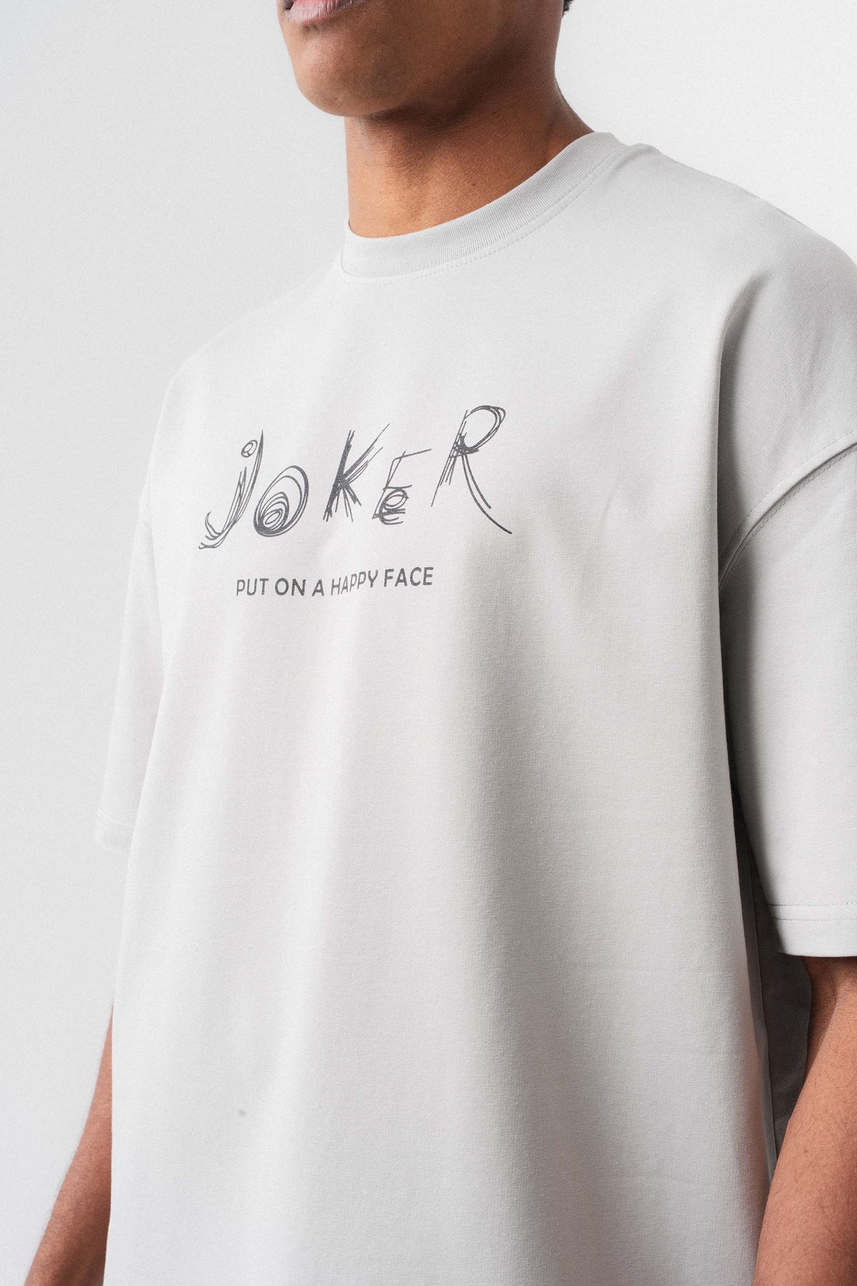Joker Put On Happy Face Gri Oversize Baskılı T-Shirt