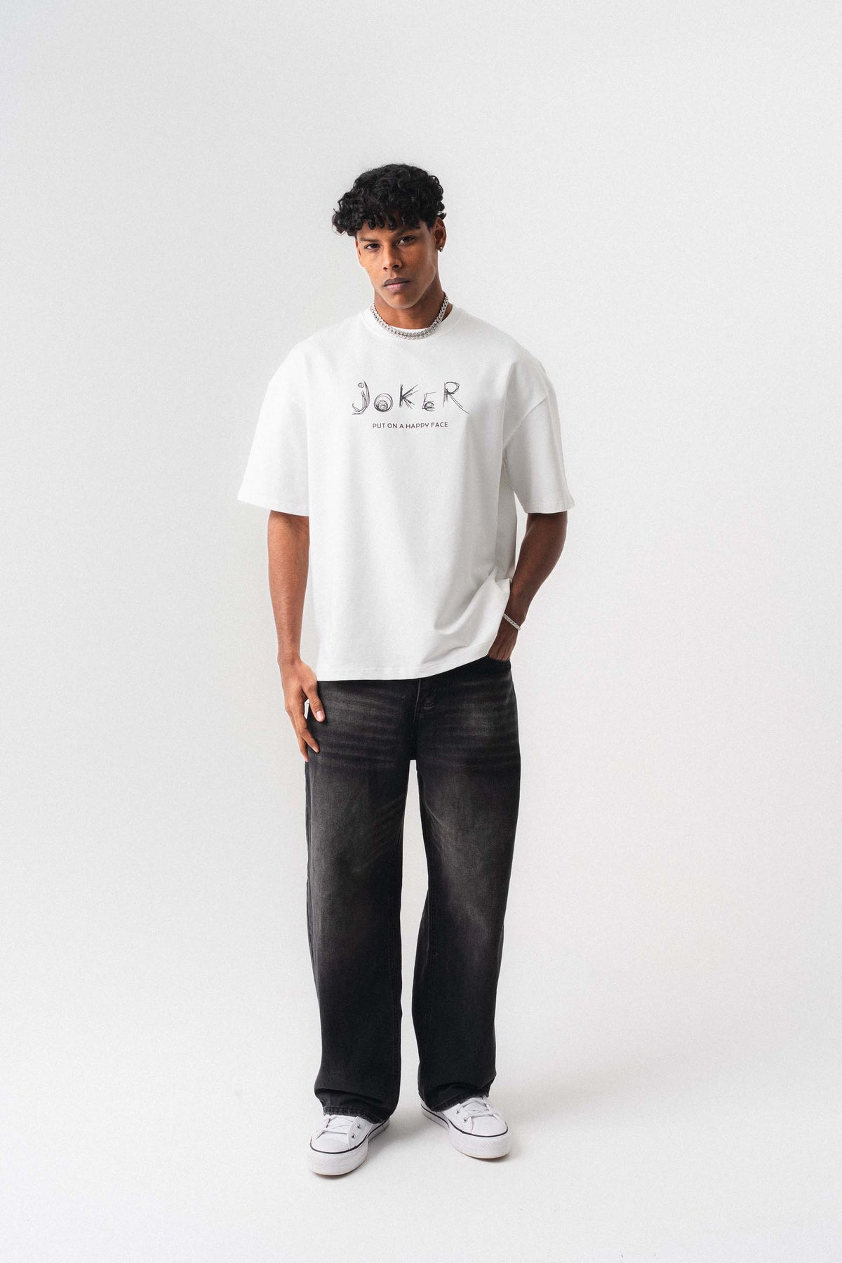 Joker Put On Happy Face Beyaz Oversize Baskılı T-Shirt