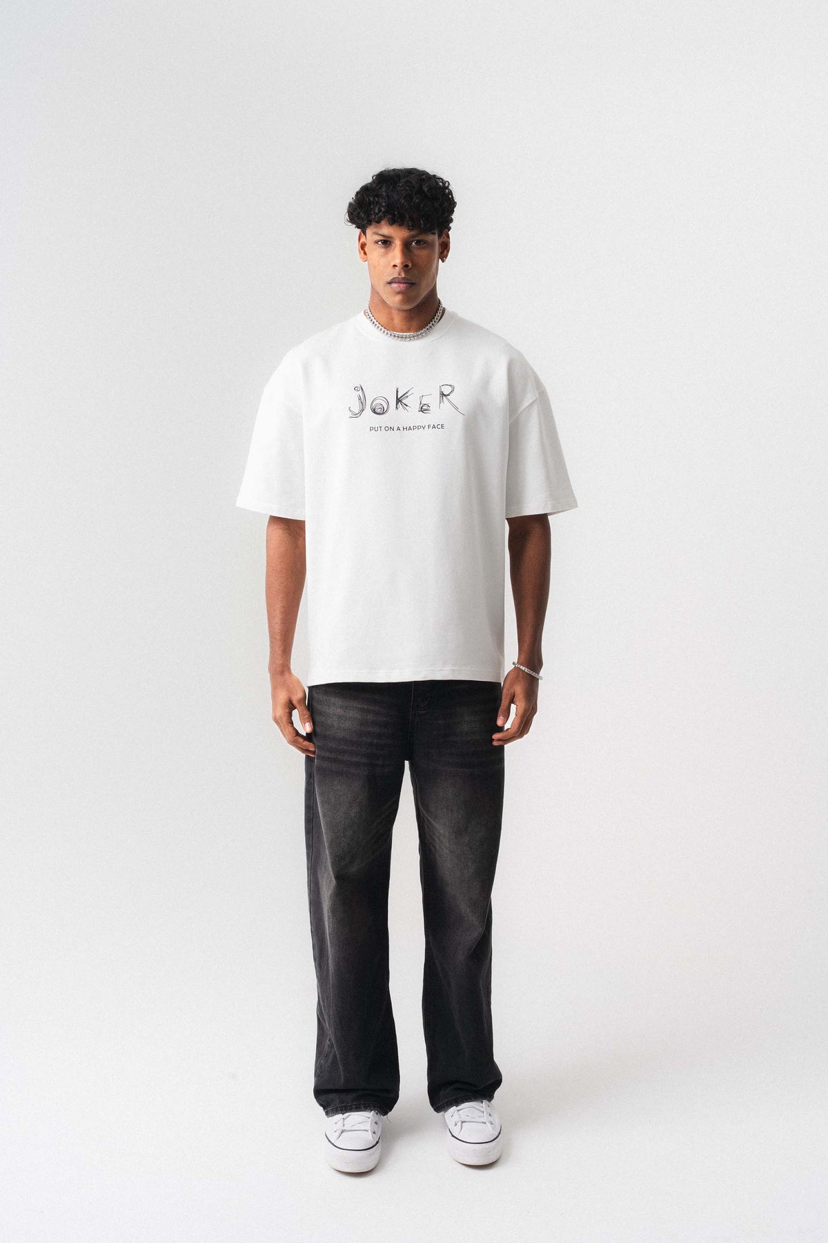 Joker Put On Happy Face Beyaz Oversize Baskılı T-Shirt