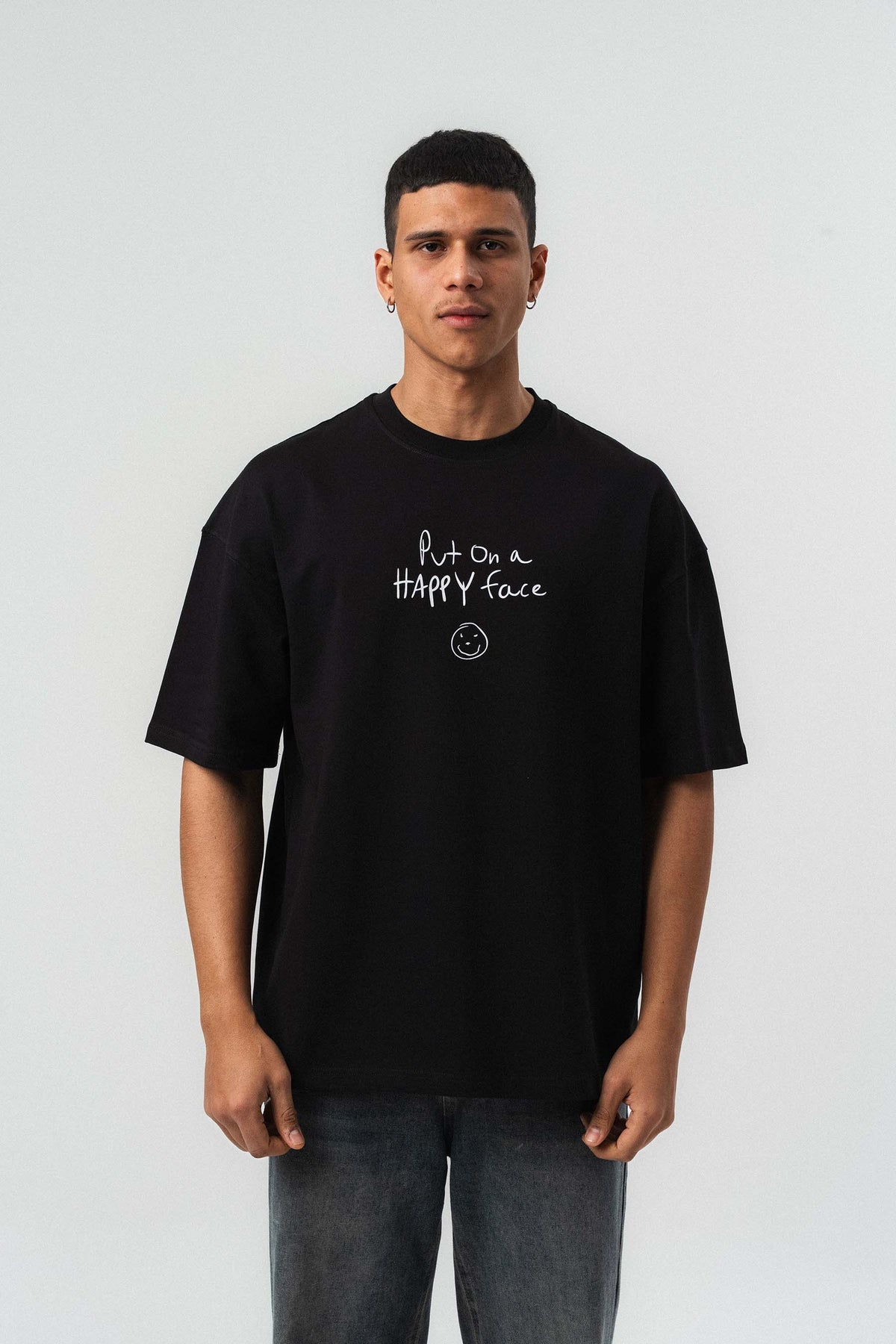 Joker Put On Happy Face Baskılı Siyah Oversize Baskılı T-Shirt