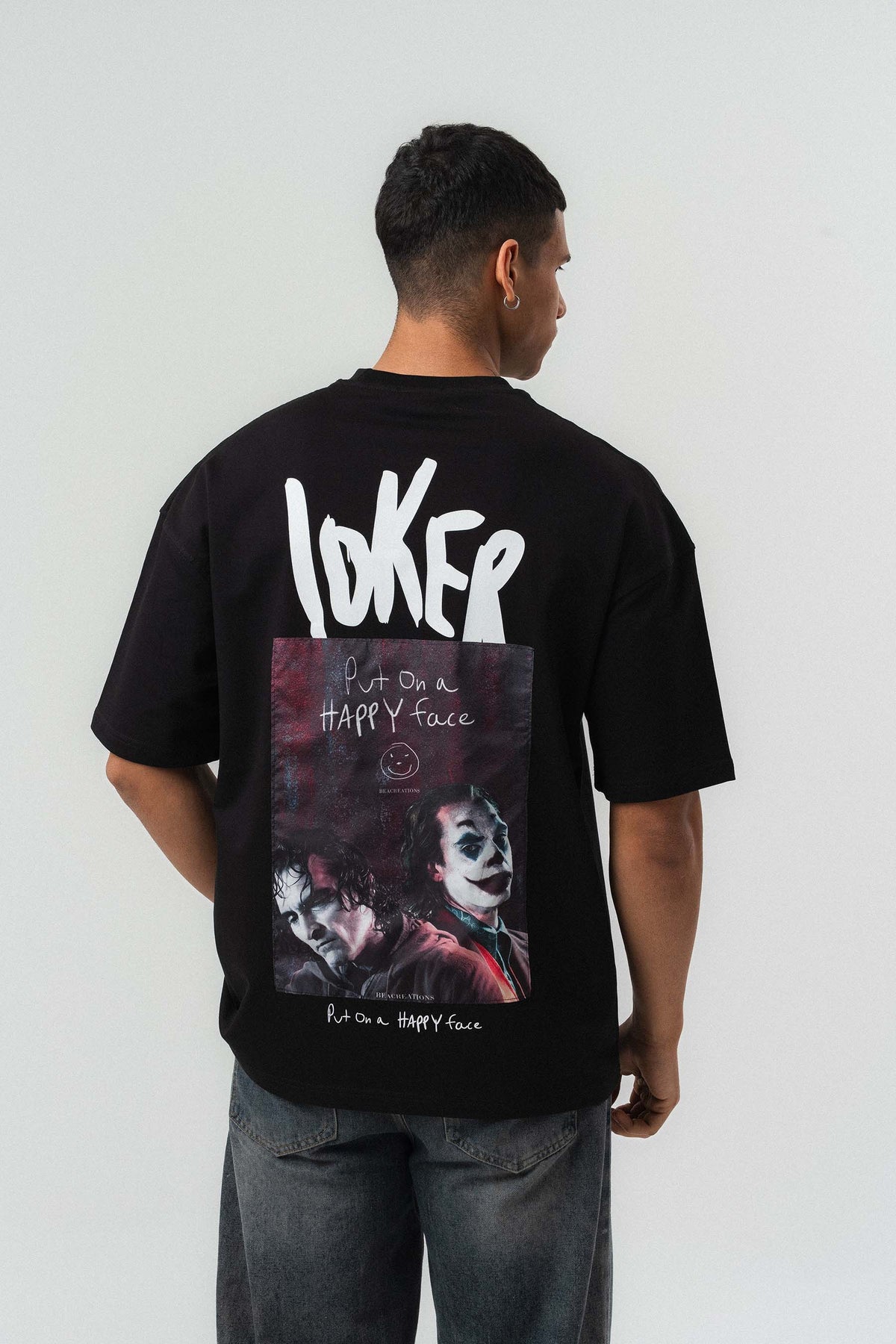 Joker Put On Happy Face Baskılı Siyah Oversize Baskılı T-Shirt