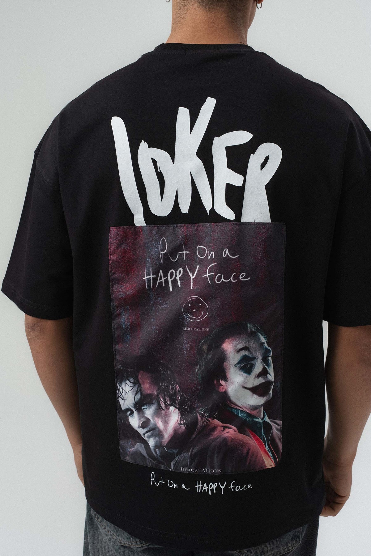 Joker Put On Happy Face Baskılı Siyah Oversize Baskılı T-Shirt