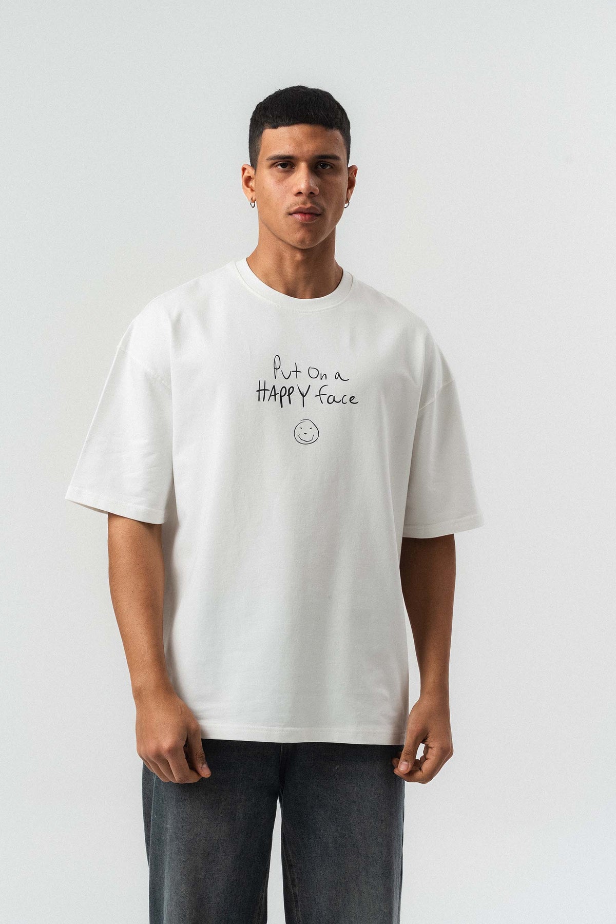 Joker Put On Happy Face Baskılı Beyaz Oversize Baskılı T-Shirt