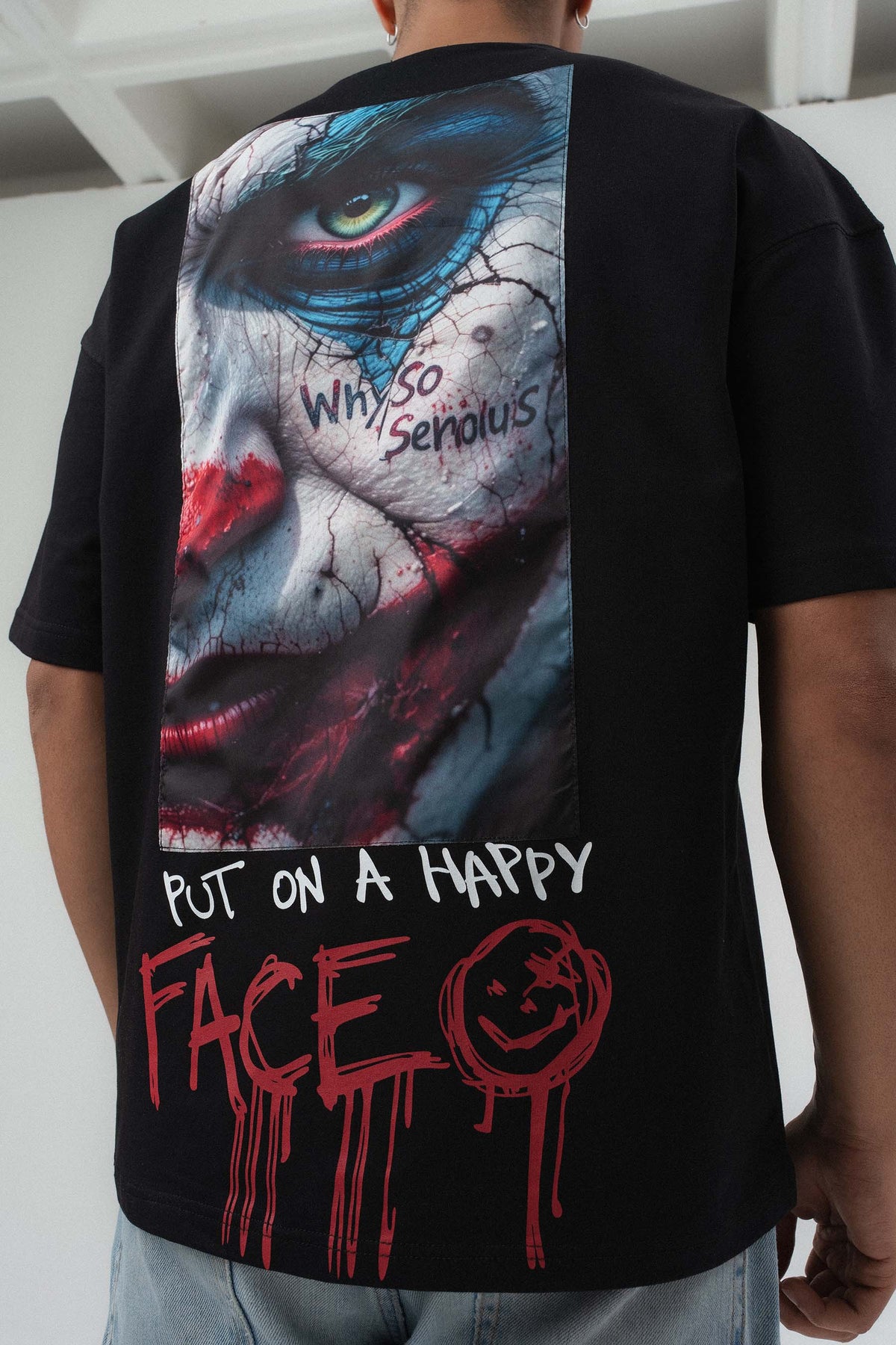 Put On Happy Face Baskılı Siyah Oversize Baskılı T-Shirt