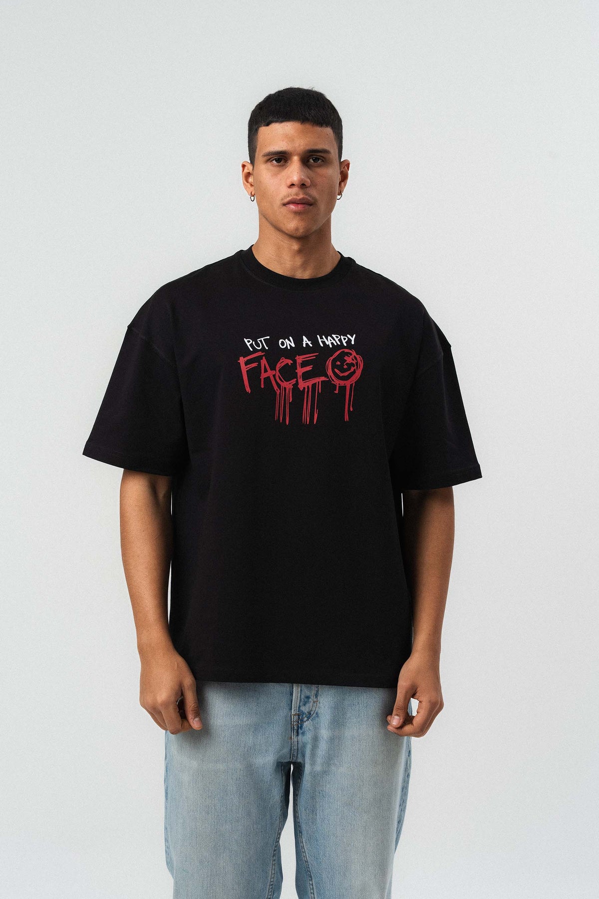 Put On Happy Face Baskılı Siyah Oversize Baskılı T-Shirt