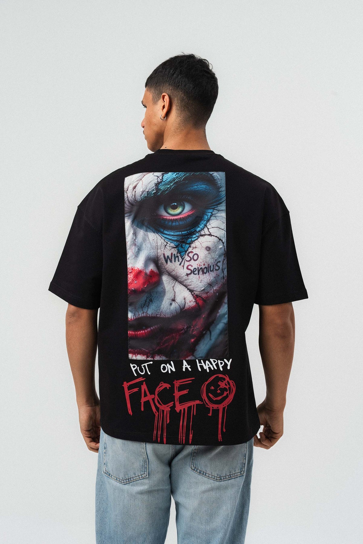 Put On Happy Face Baskılı Siyah Oversize Baskılı T-Shirt