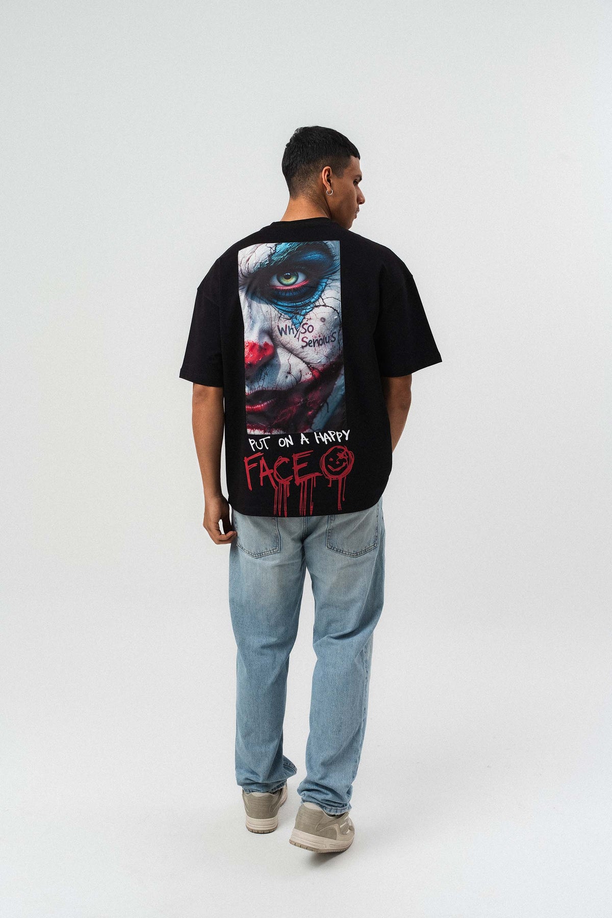 Put On Happy Face Baskılı Siyah Oversize Baskılı T-Shirt