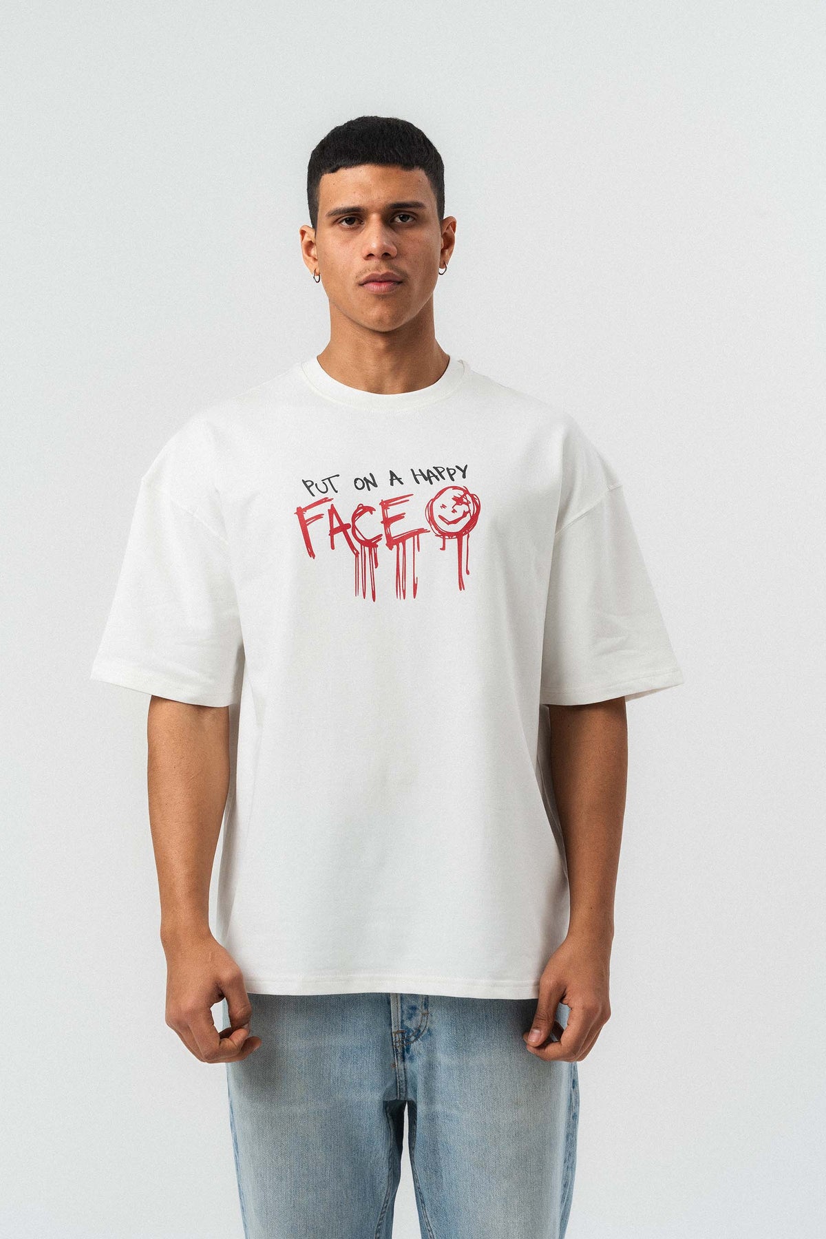 Put On Happy Face Baskılı Beyaz Oversize Baskılı T-Shirt