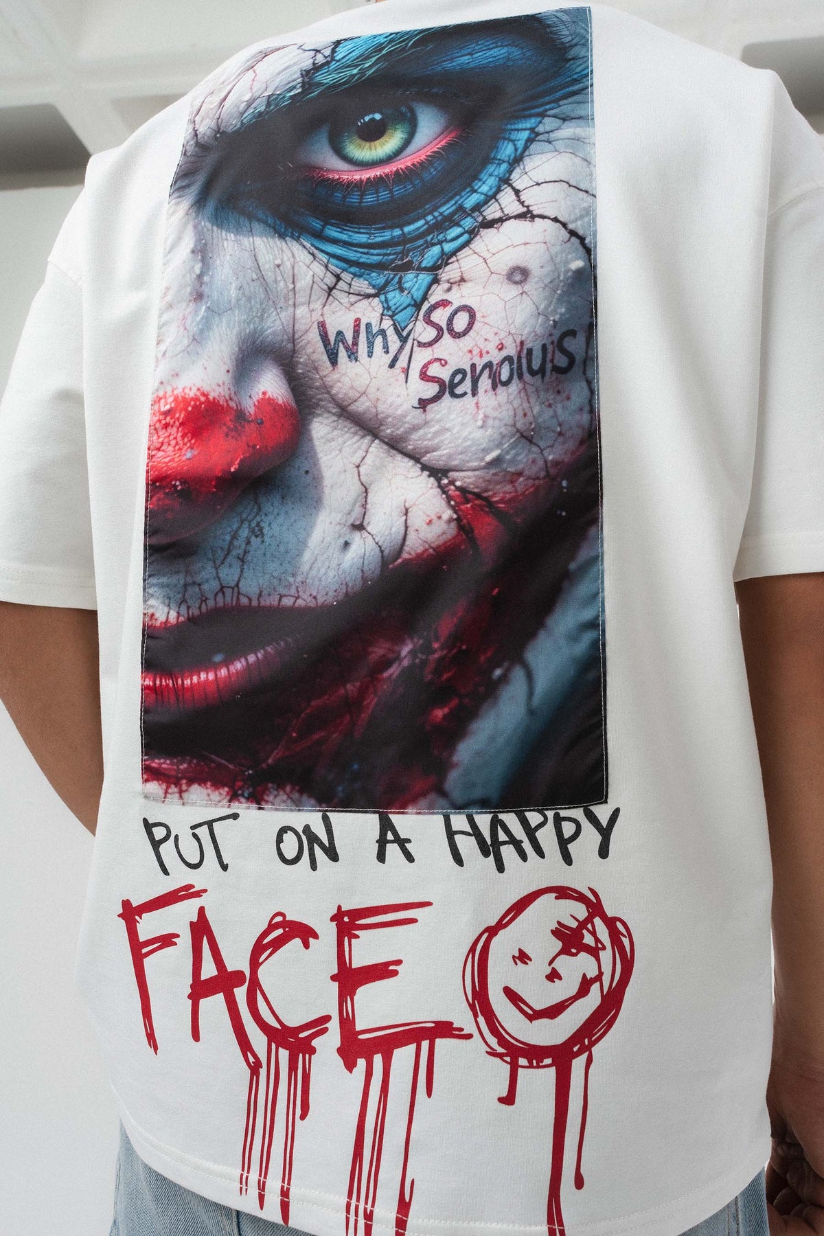 Put On Happy Face Baskılı Beyaz Oversize Baskılı T-Shirt