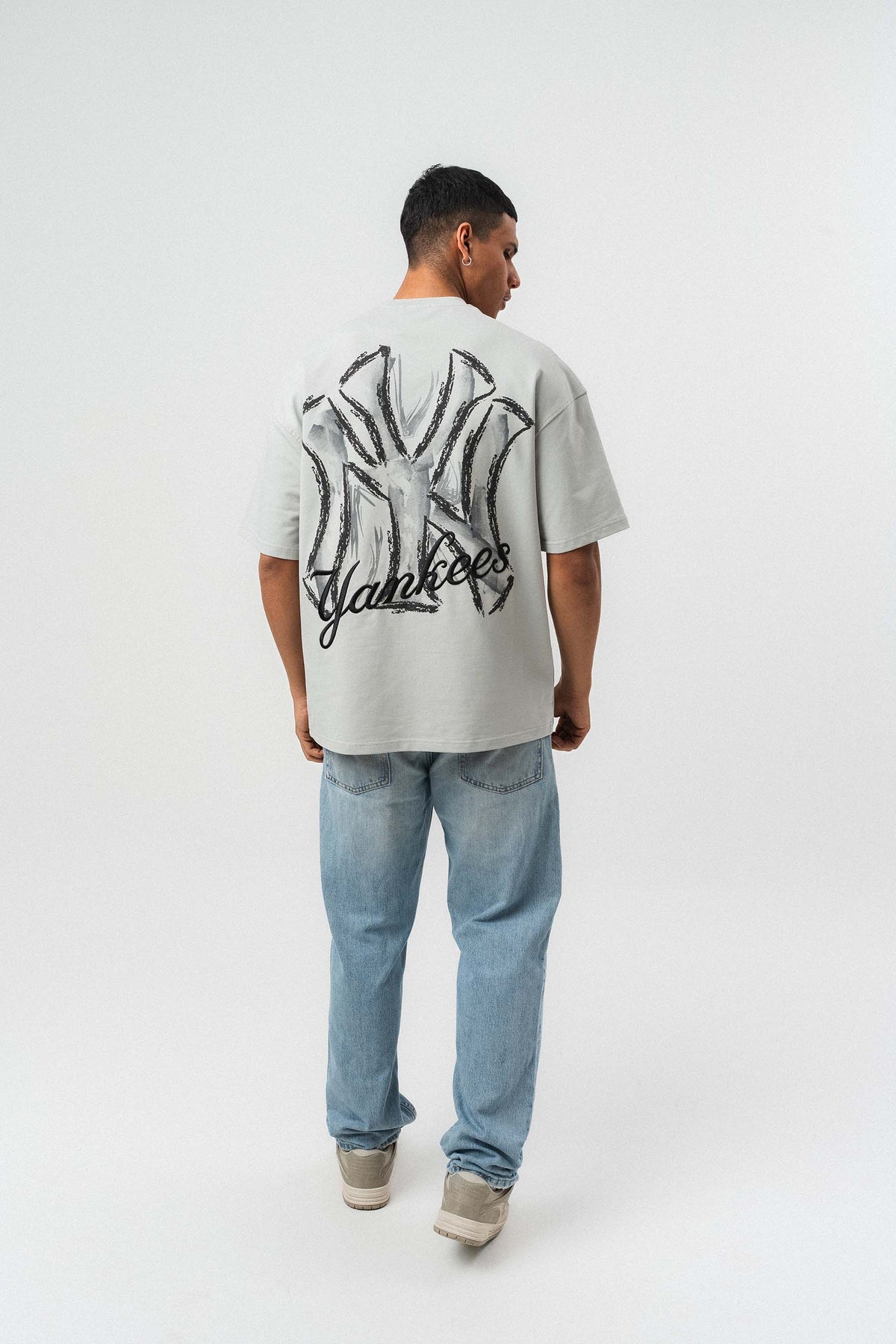 Yankees Kabartmalı Oversize Baskılı T-Shirt Gri