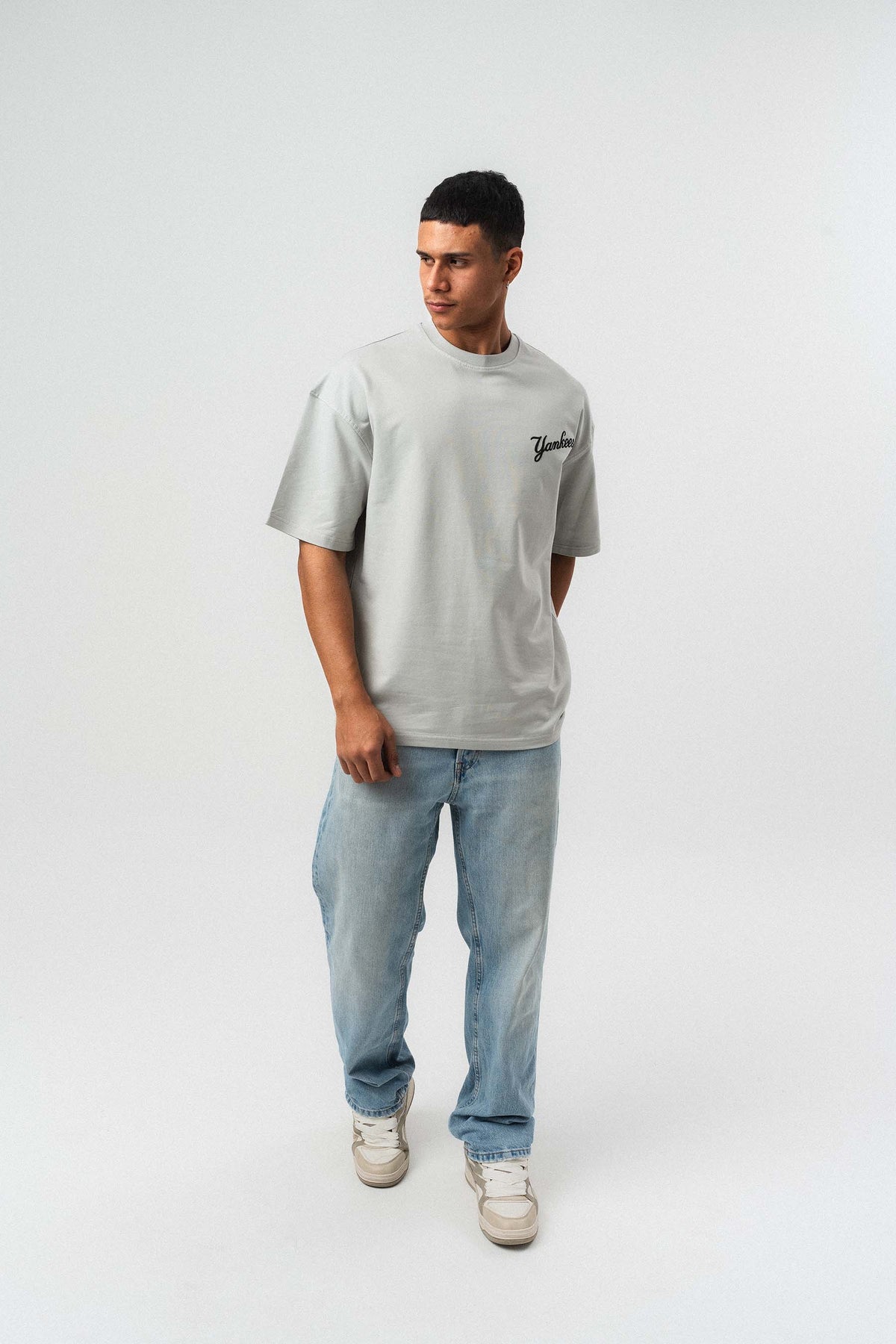 Yankees Kabartmalı Oversize Baskılı T-Shirt Gri