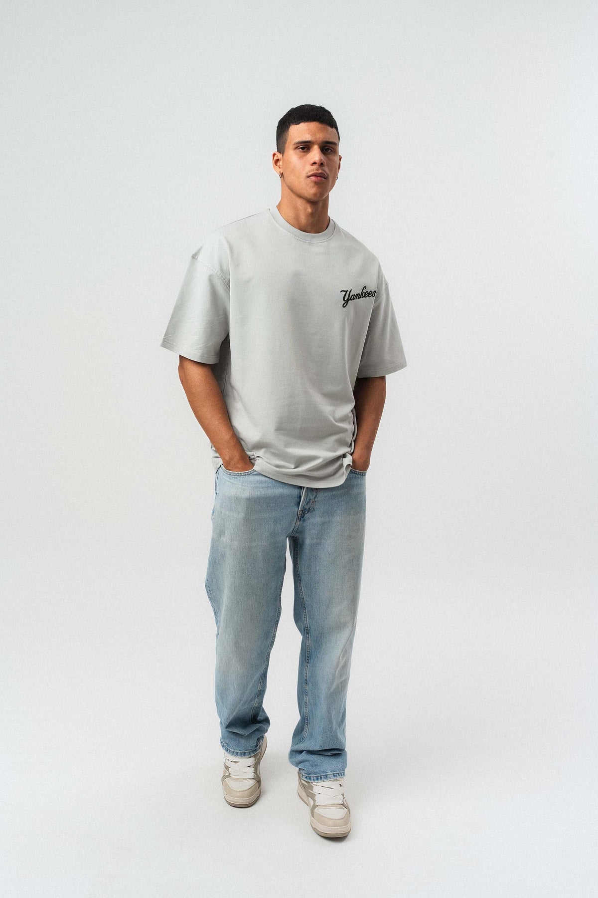 Yankees Kabartmalı Oversize Baskılı T-Shirt Gri