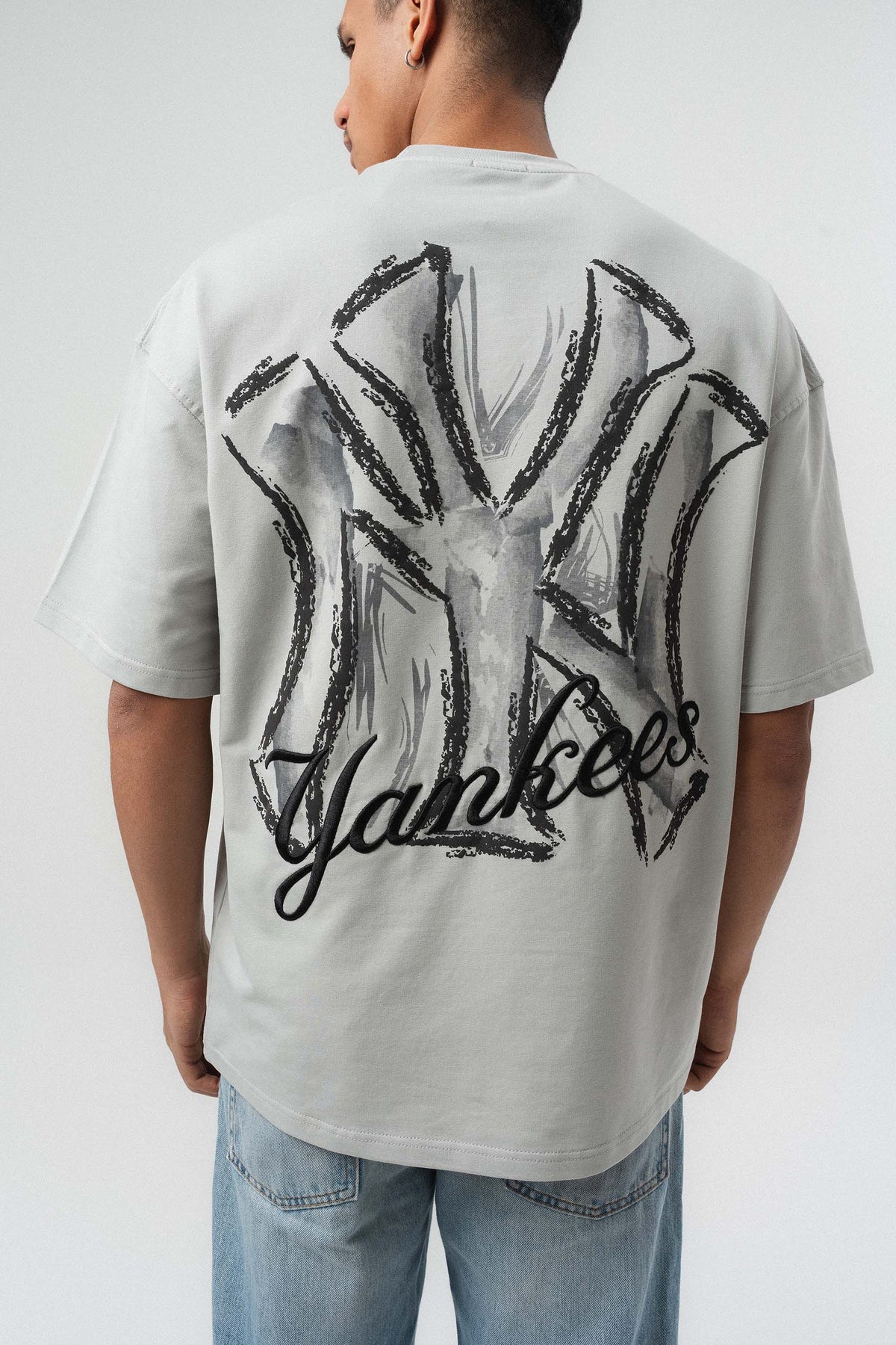 Yankees Kabartmalı Oversize Baskılı T-Shirt Gri