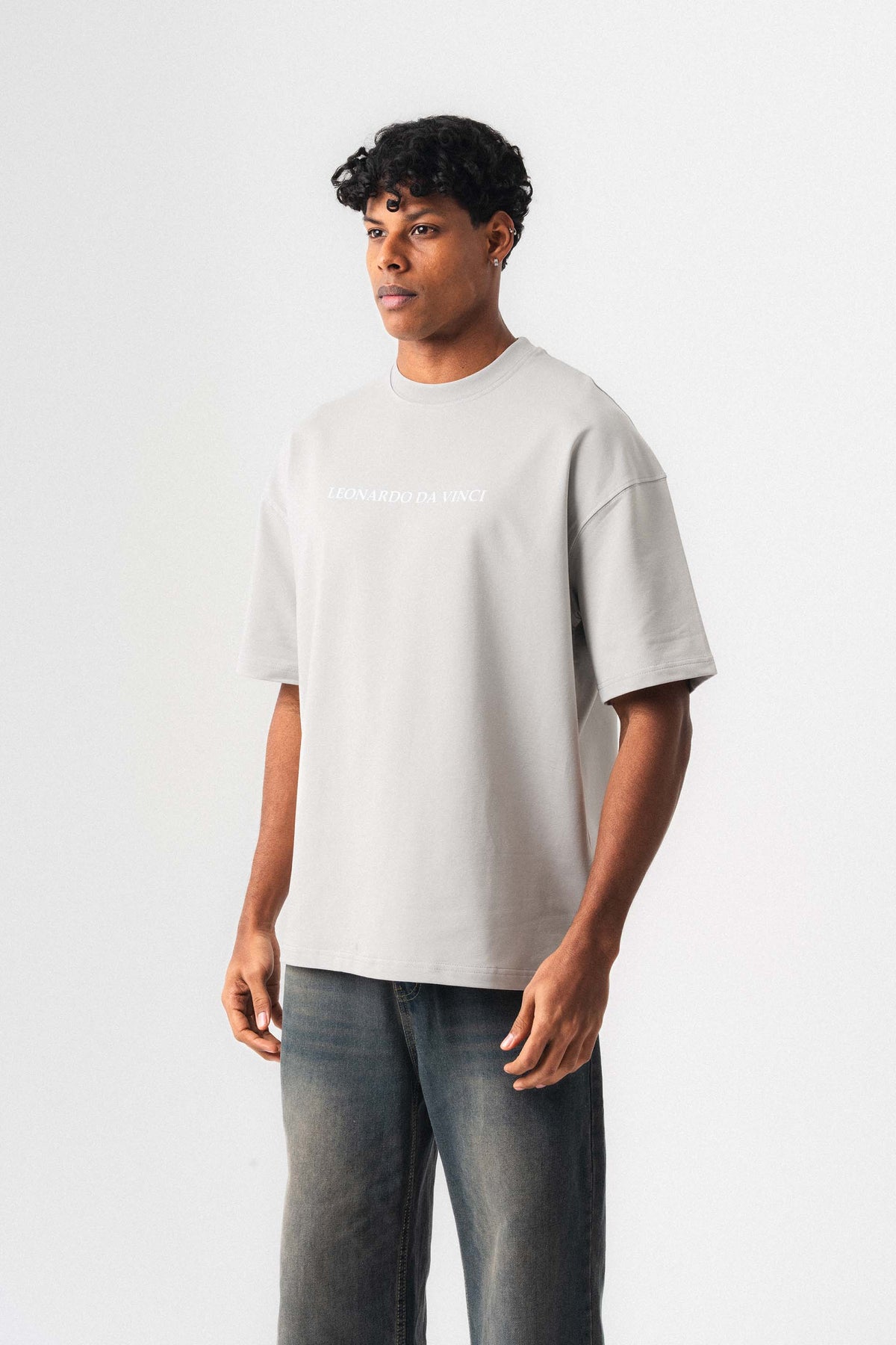 Leonardo Da Vinci Gri Oversize Baskılı T-Shirt