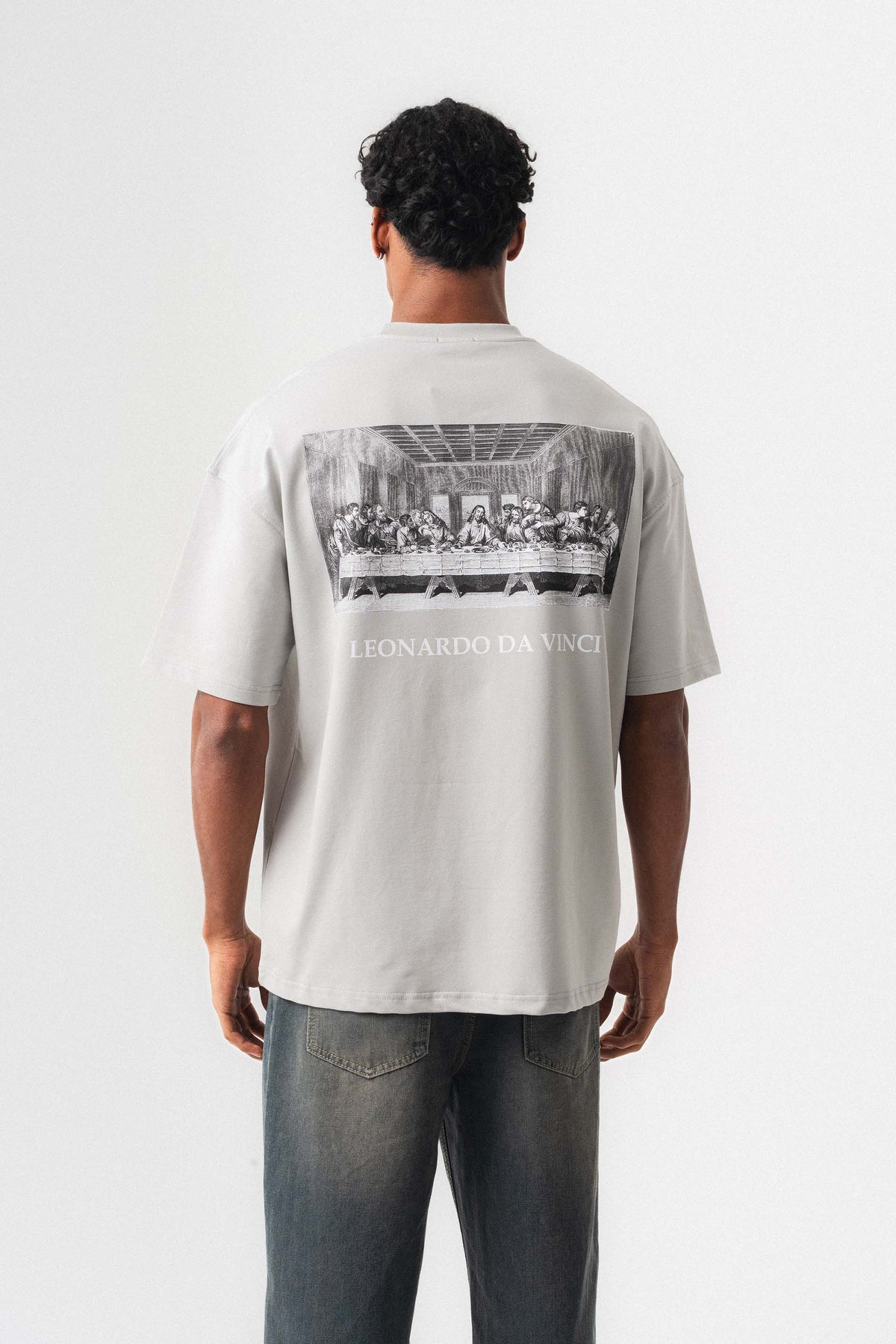 Leonardo Da Vinci Gri Oversize Baskılı T-Shirt