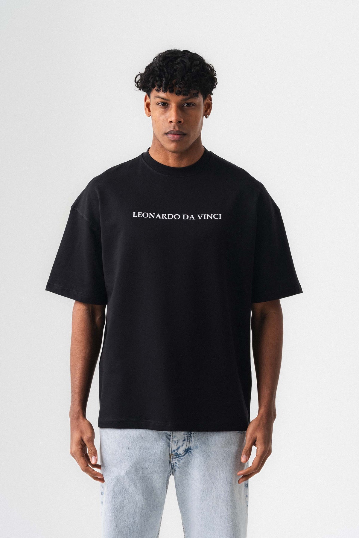 Leonardo Da Vinci Siyah Oversize Baskılı T-Shirt