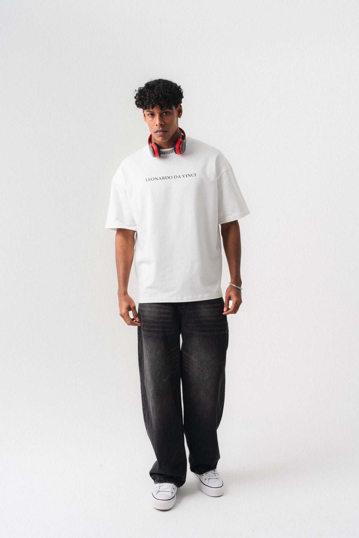 Leonardo Da Vinci Beyaz Oversize Baskılı T-Shirt