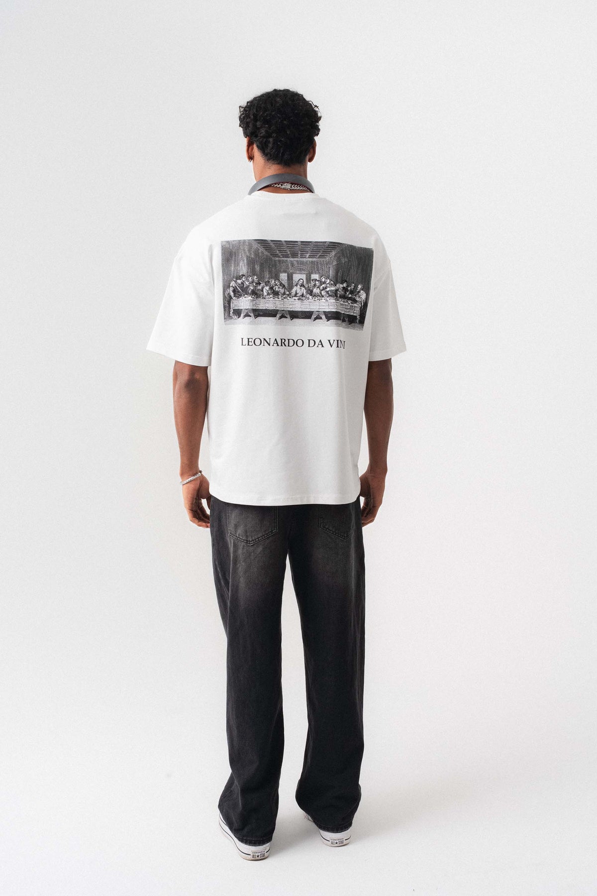 Leonardo Da Vinci Beyaz Oversize Baskılı T-Shirt
