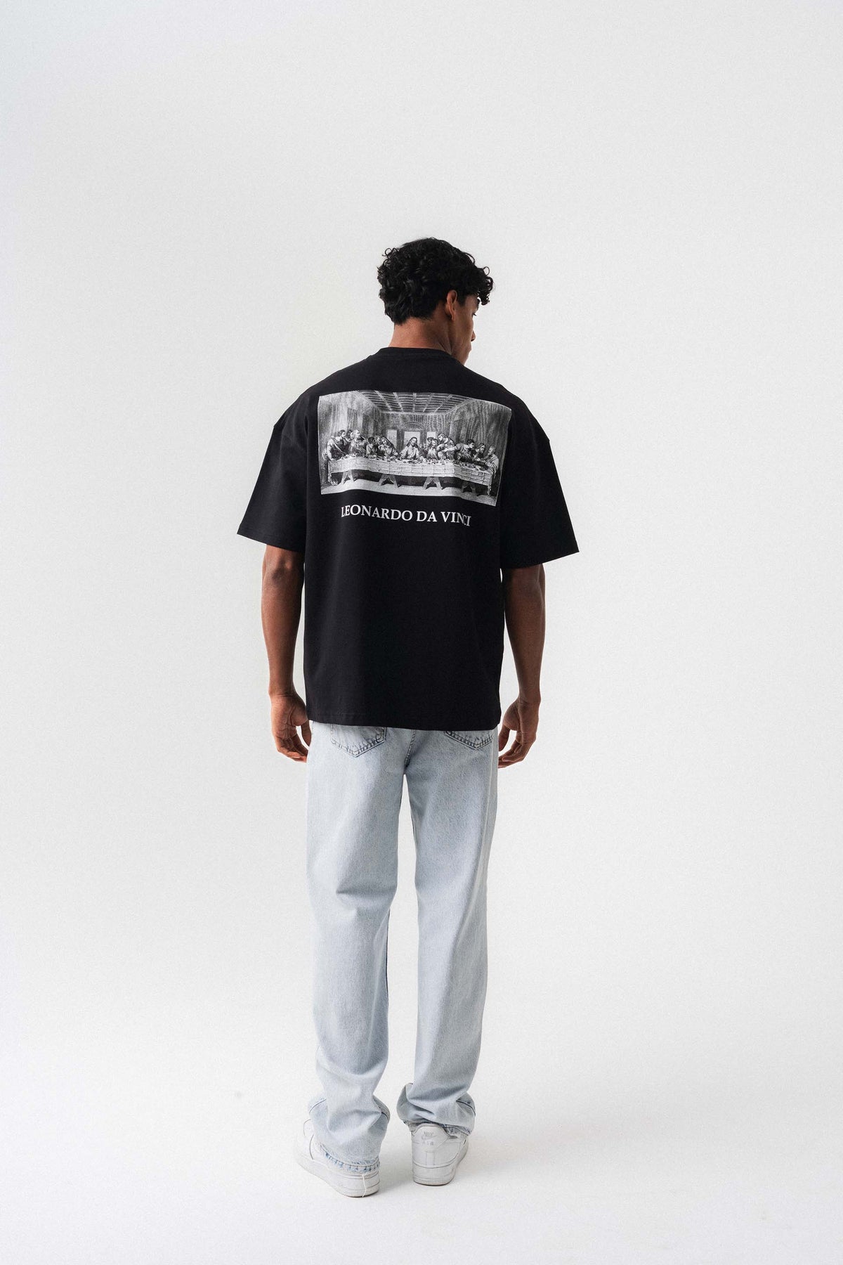 Leonardo Da Vinci Siyah Oversize Baskılı T-Shirt