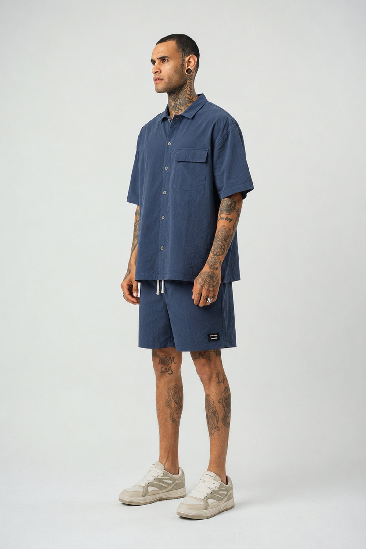 Ketenli Nakışlı Regular Fit Şort & Gömlek Navy Mavi Takım