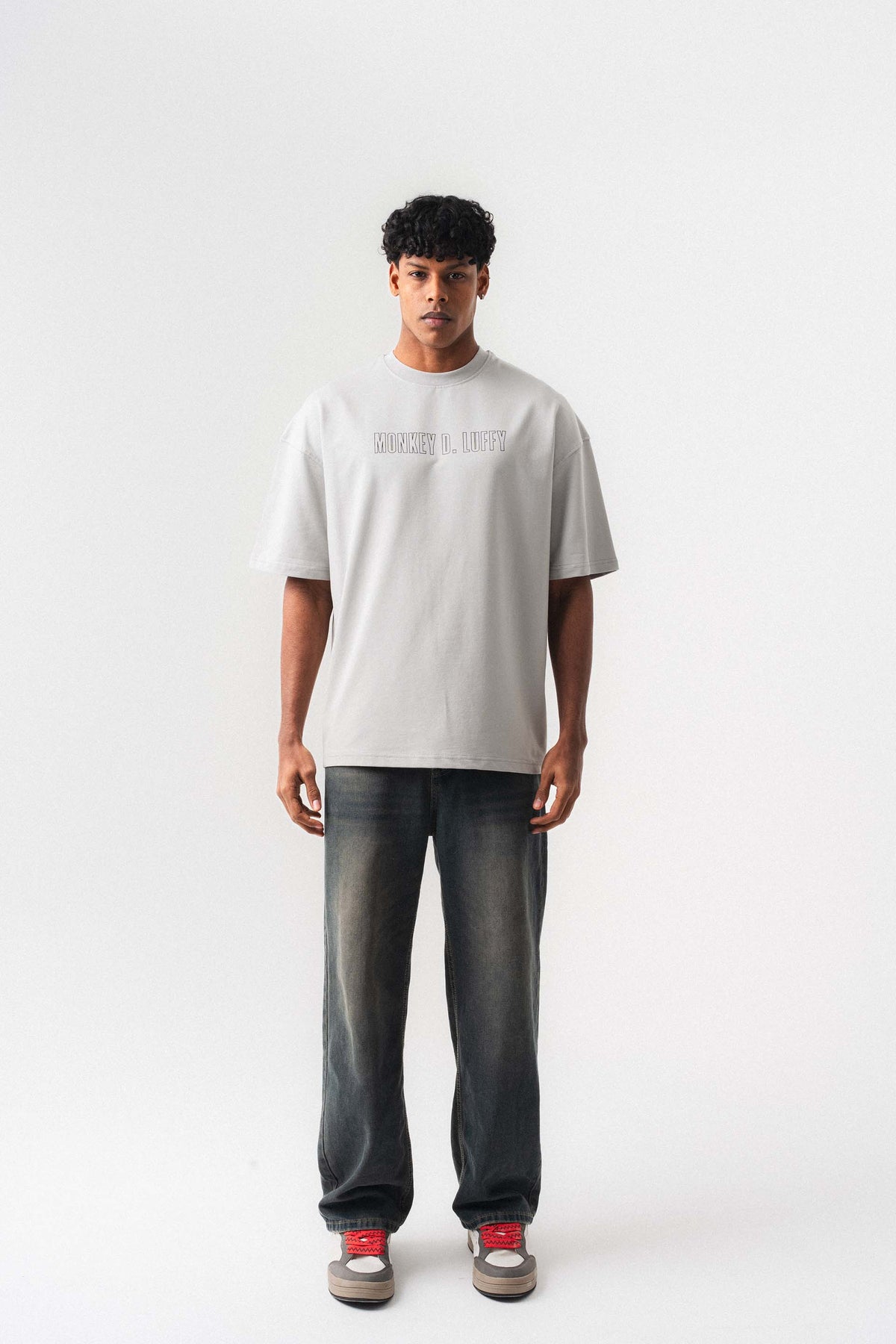 Monkey D-Luffy Gri Oversize Baskılı T-Shirt