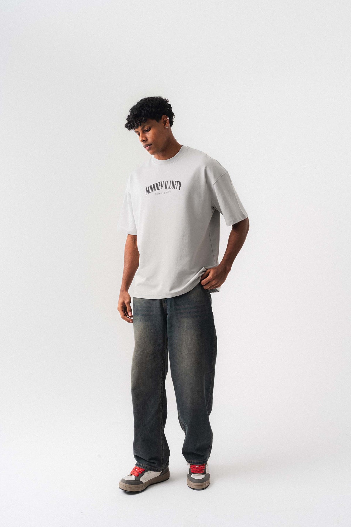 Monkey D-Luffy Gri Oversize Baskılı T-Shirt