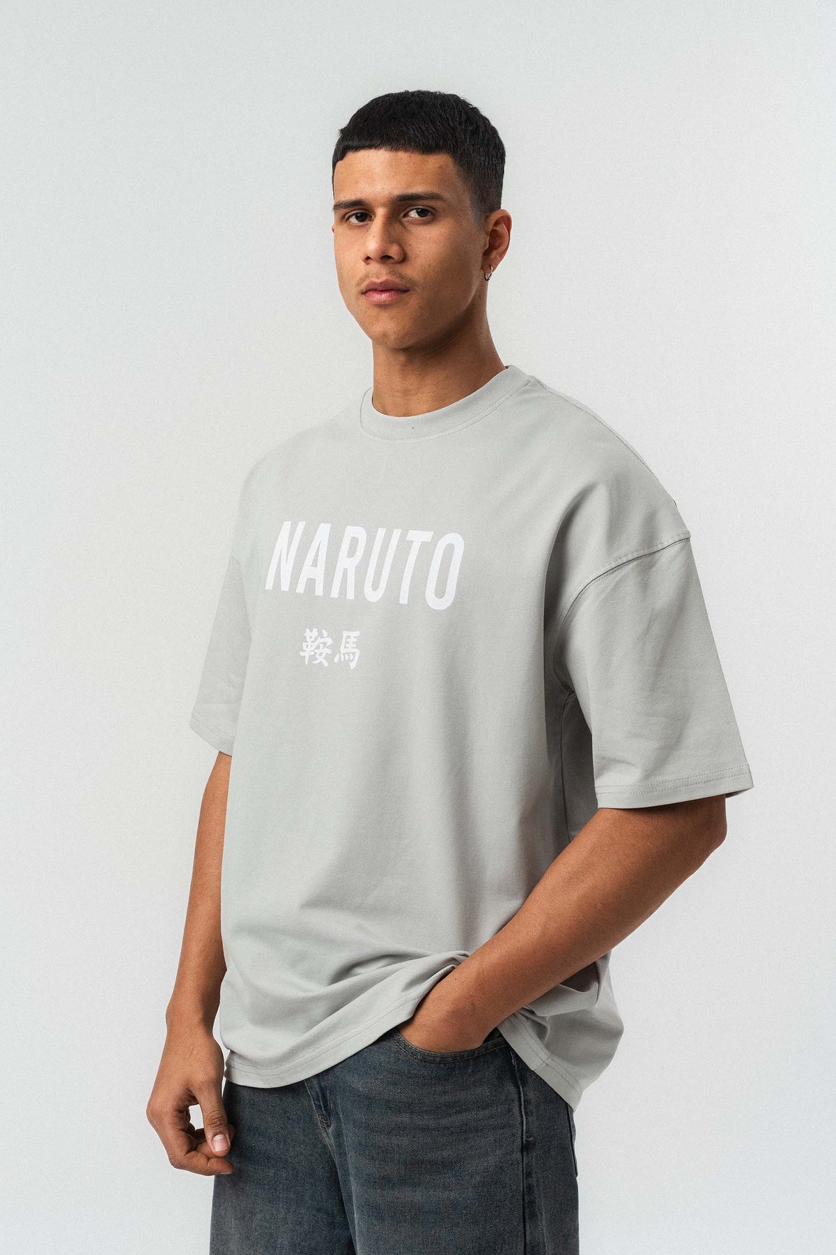 Naruto Baskılı Gri Oversize Baskılı T-Shirt
