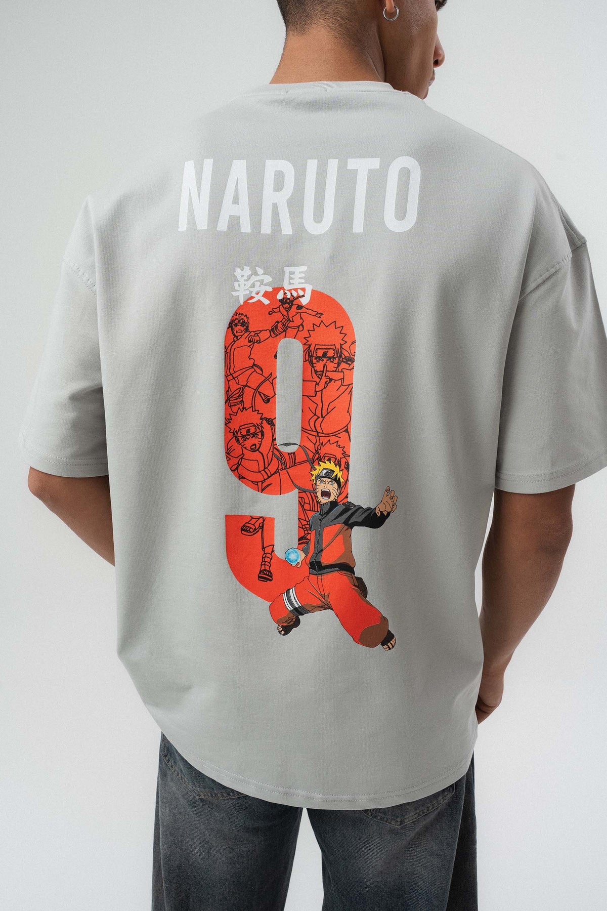 Naruto Baskılı Gri Oversize Baskılı T-Shirt