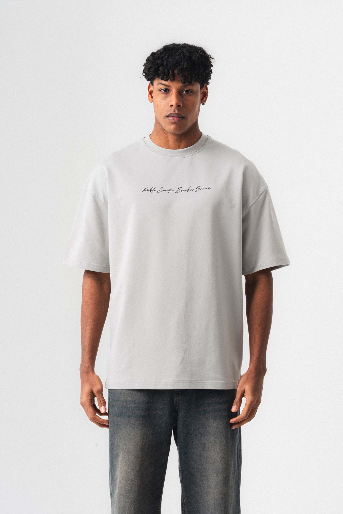 Pablo Emilio Escobar Gri Oversize Baskılı T-Shirt