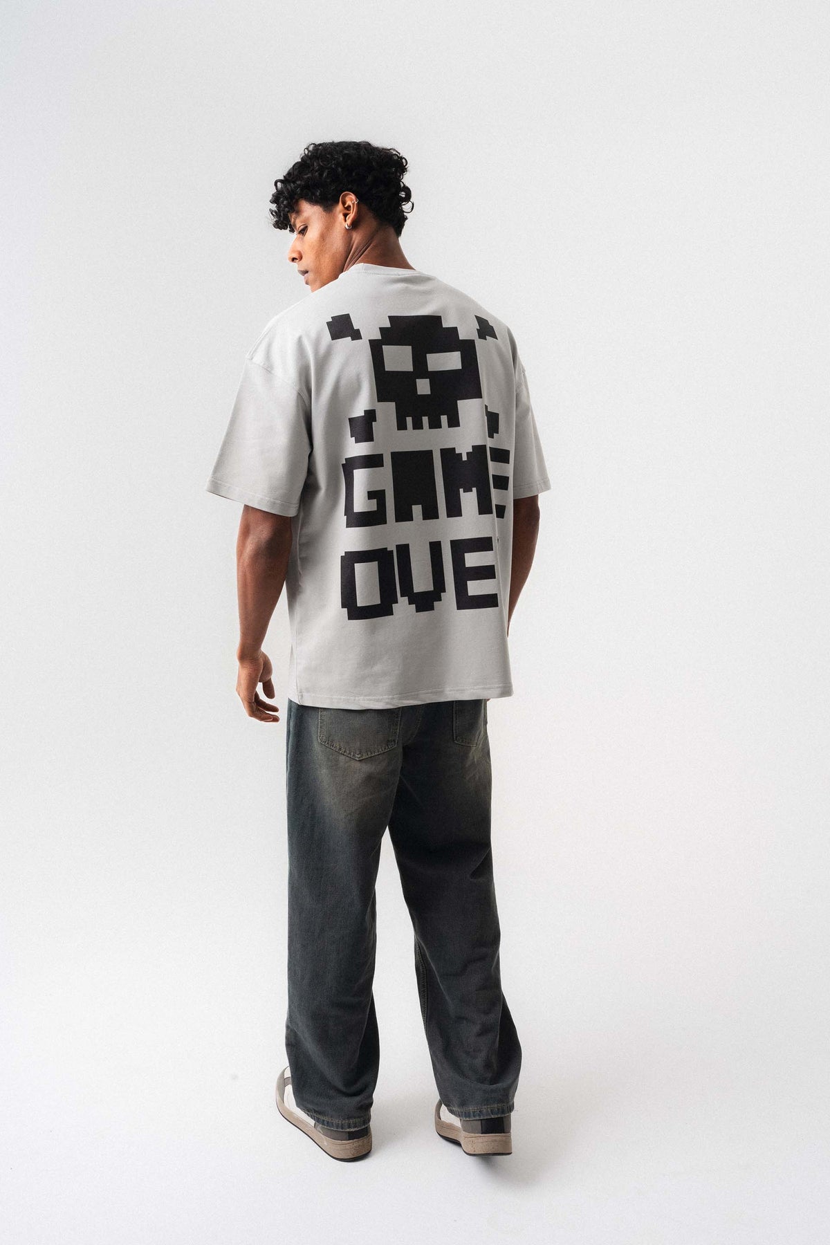 Press Start The Game Baskılı Oversize T-Shirt Gri