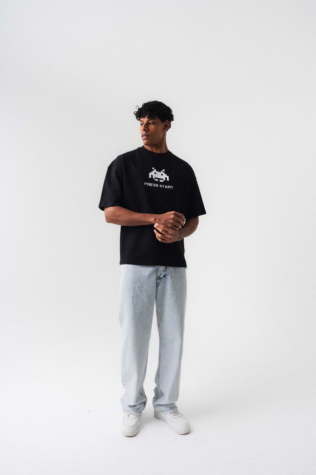 Press Start The Game Baskılı Oversize T-Shirt Siyah