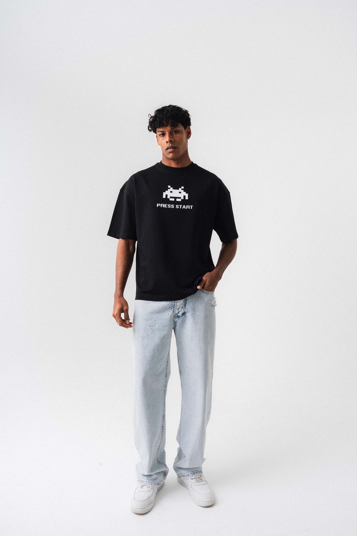 Press Start The Game Baskılı Oversize T-Shirt Siyah