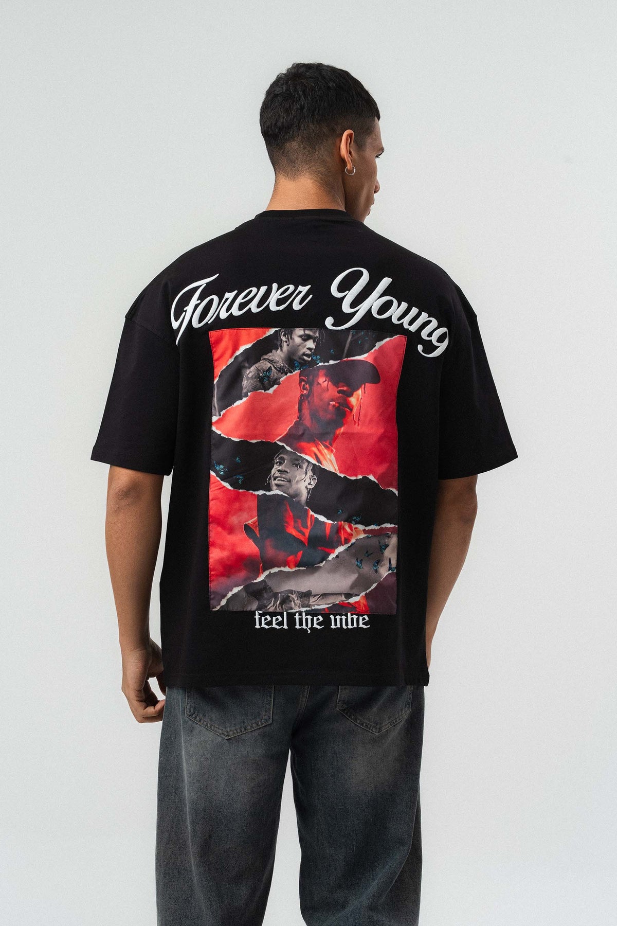Forever Young Baskılı Siyah Oversize Baskılı T-Shirt