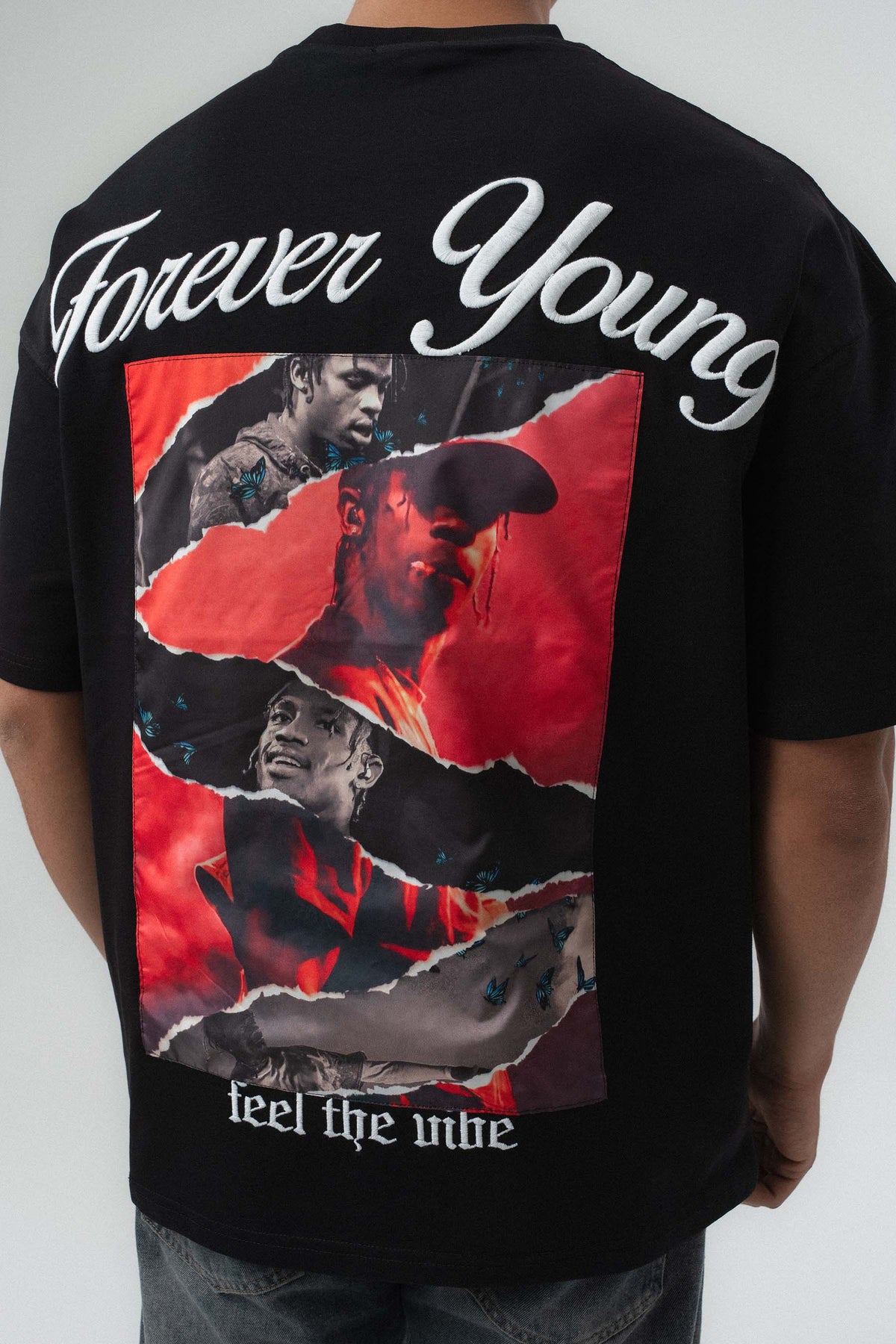 Forever Young Baskılı Siyah Oversize Baskılı T-Shirt