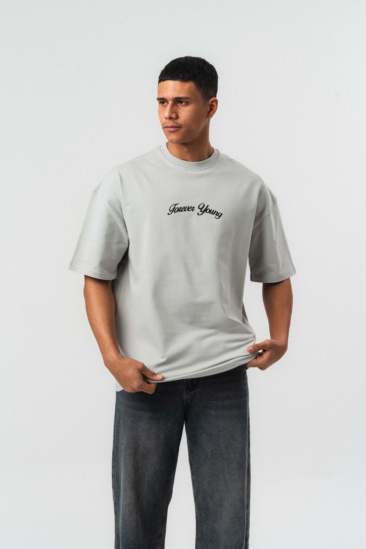 Forever Young Baskılı Gri Oversize Baskılı T-Shirt